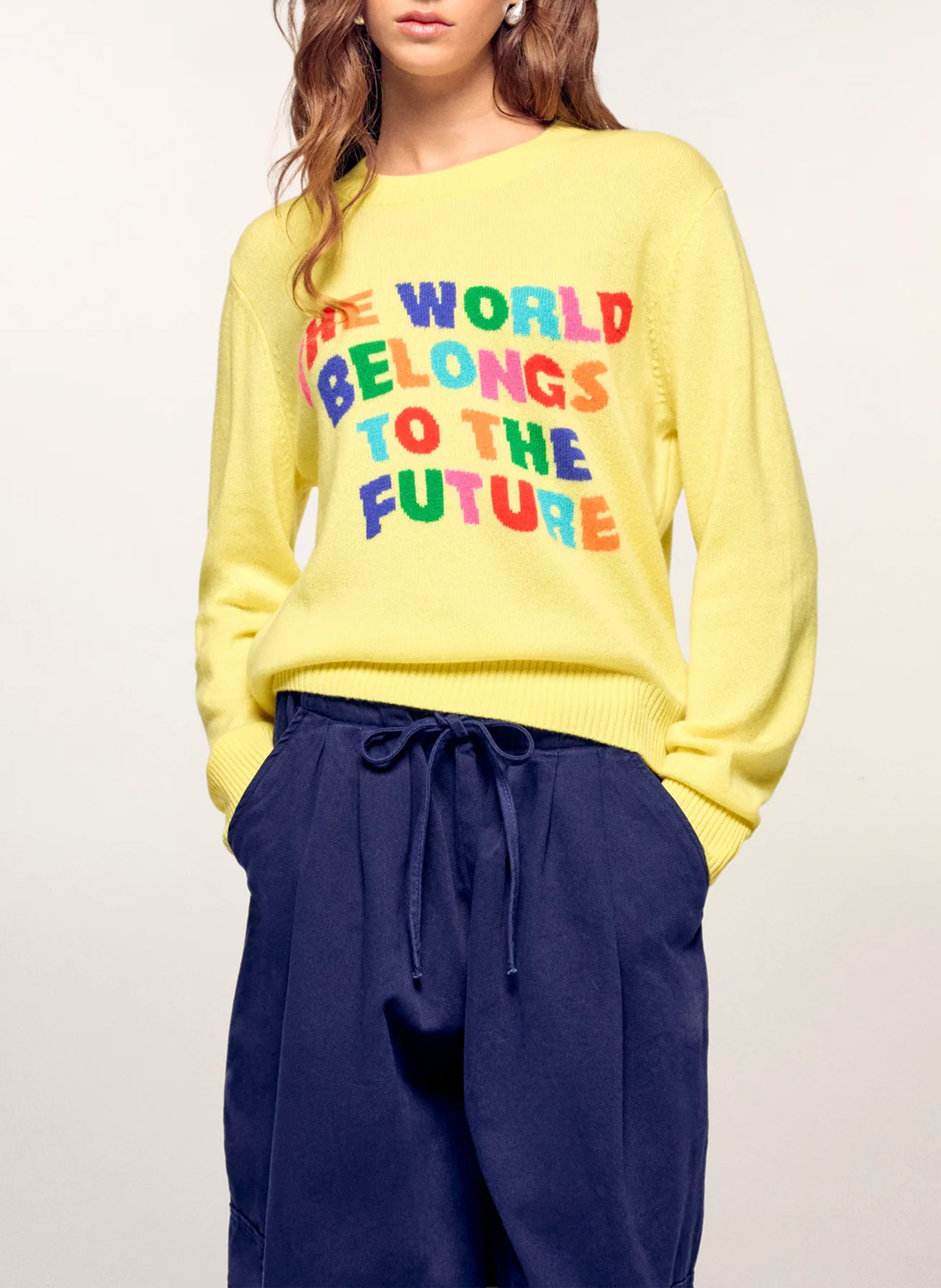 Pull droit col rond en cachemire imprimé FROM FUTURE Jaune