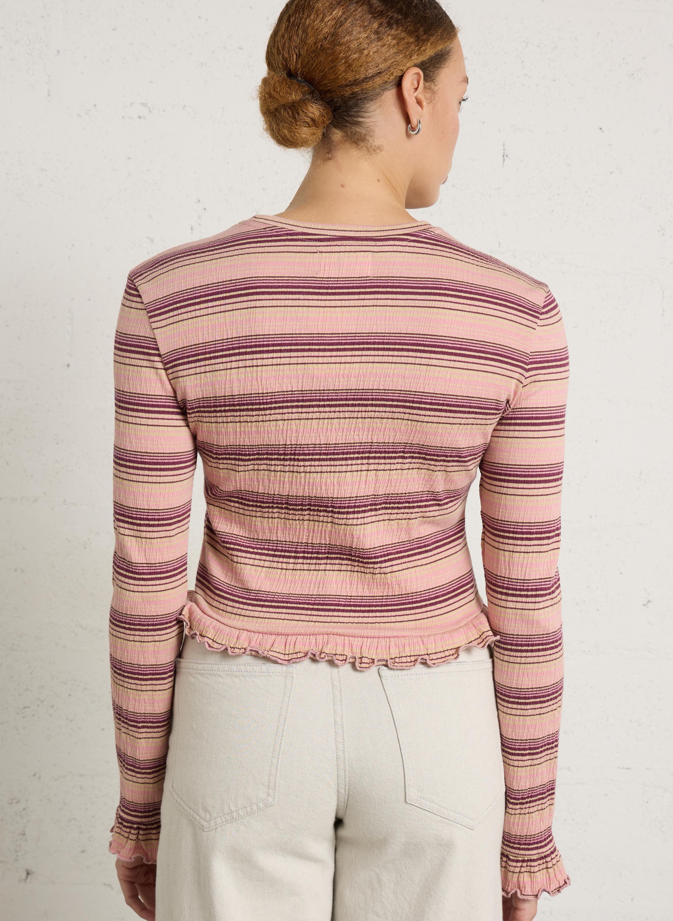 Fitted round neck striped cotton blend t-shirt DES PETITS HAUTS Pink