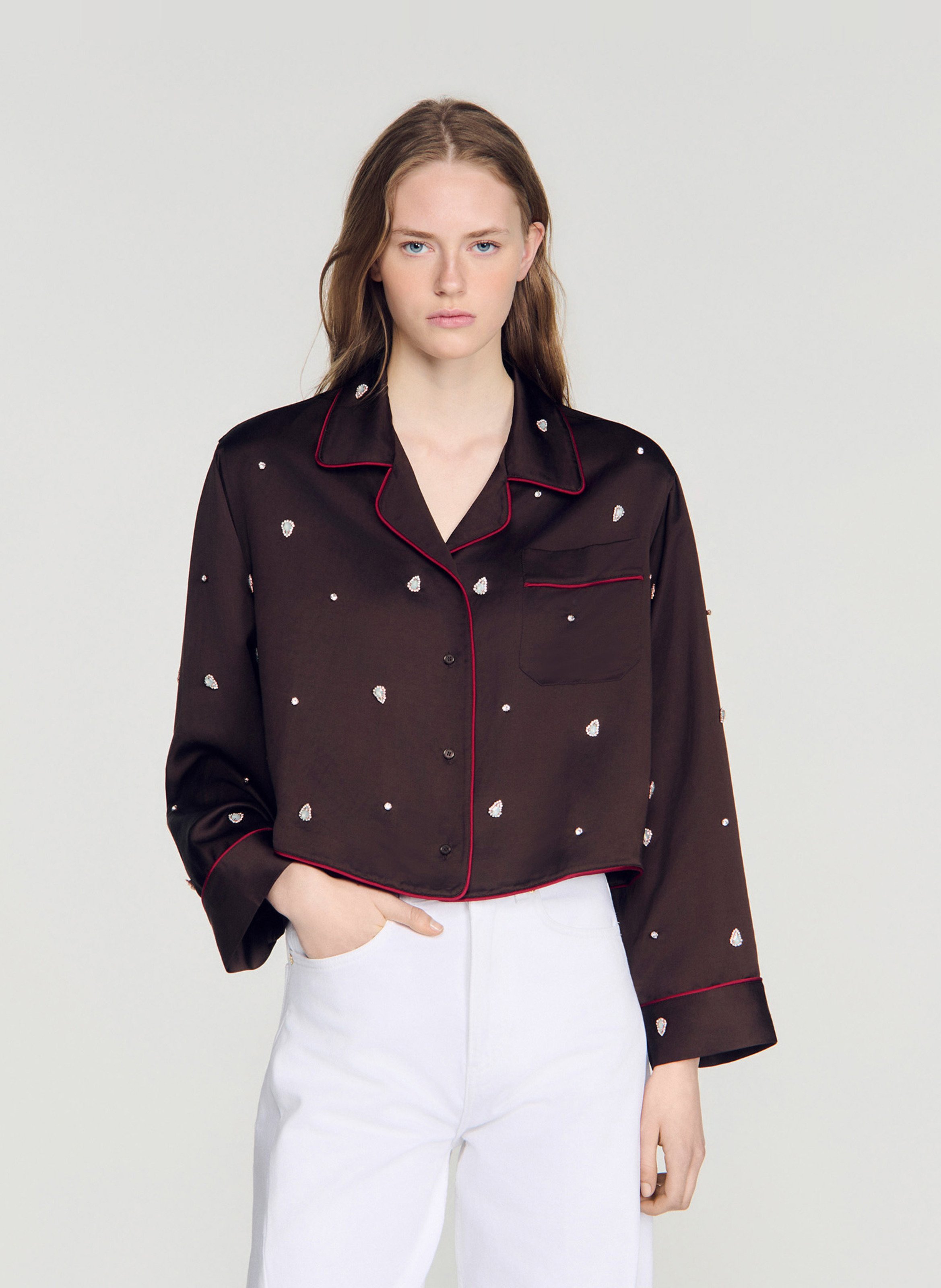 Chemise brodée satinée SANDRO Marron