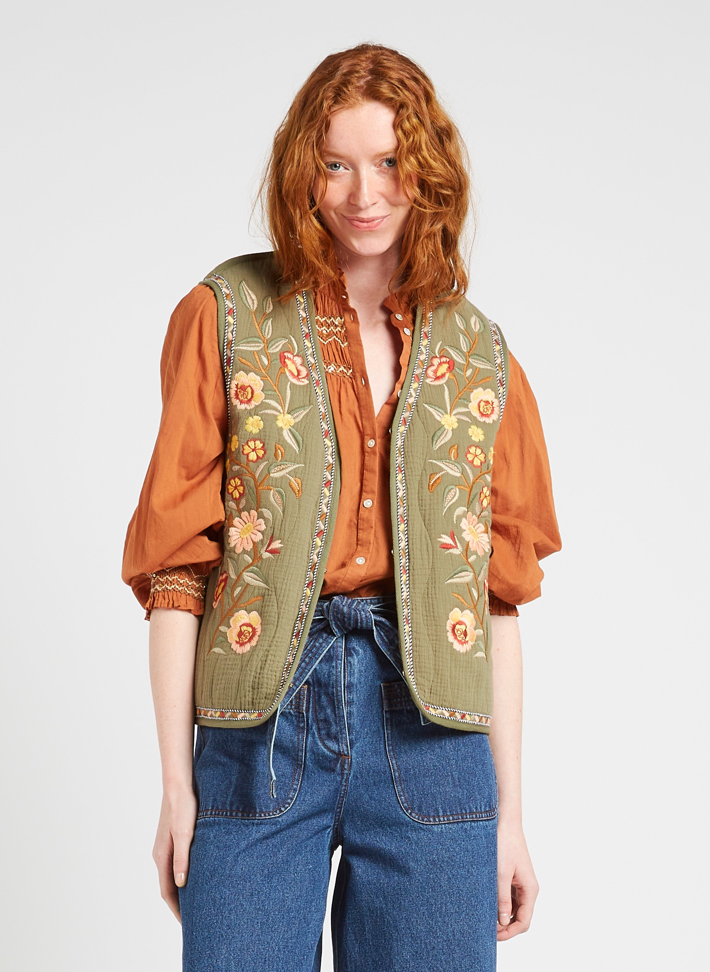 Veste col V brodée en coton LOUISE MISHA Kaki