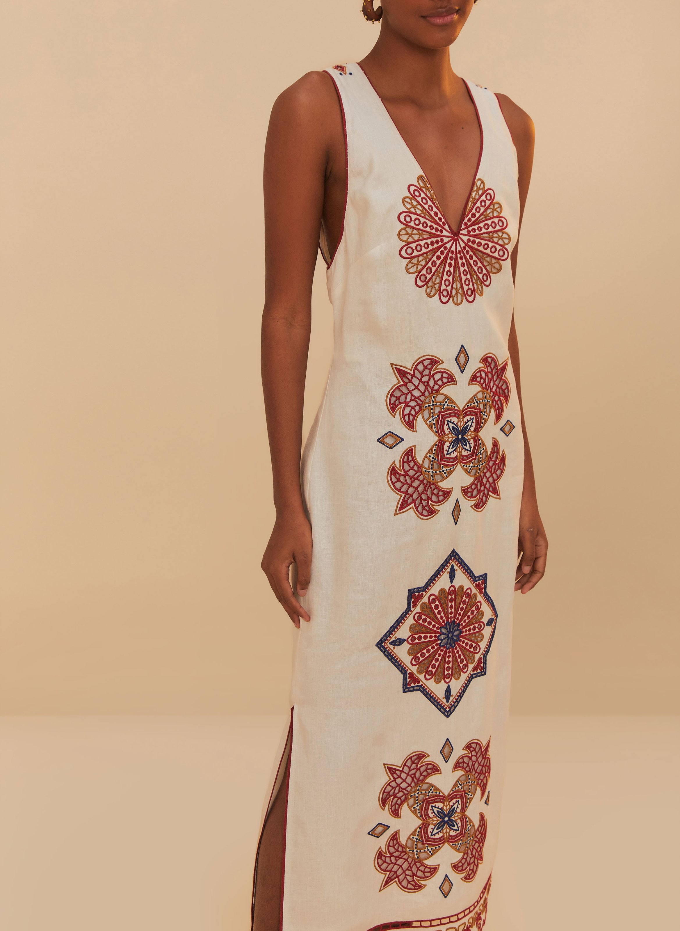 Robe longue en lin brodé FARM RIO Blanc