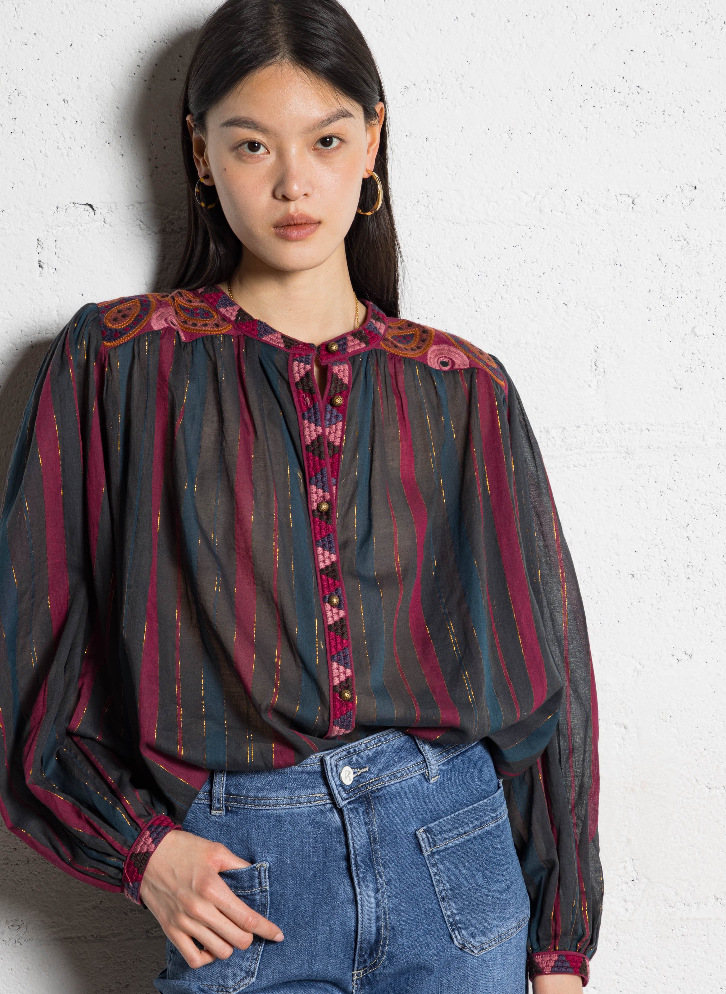 Loose striped blouse with embroidery MAISON HOTEL Red