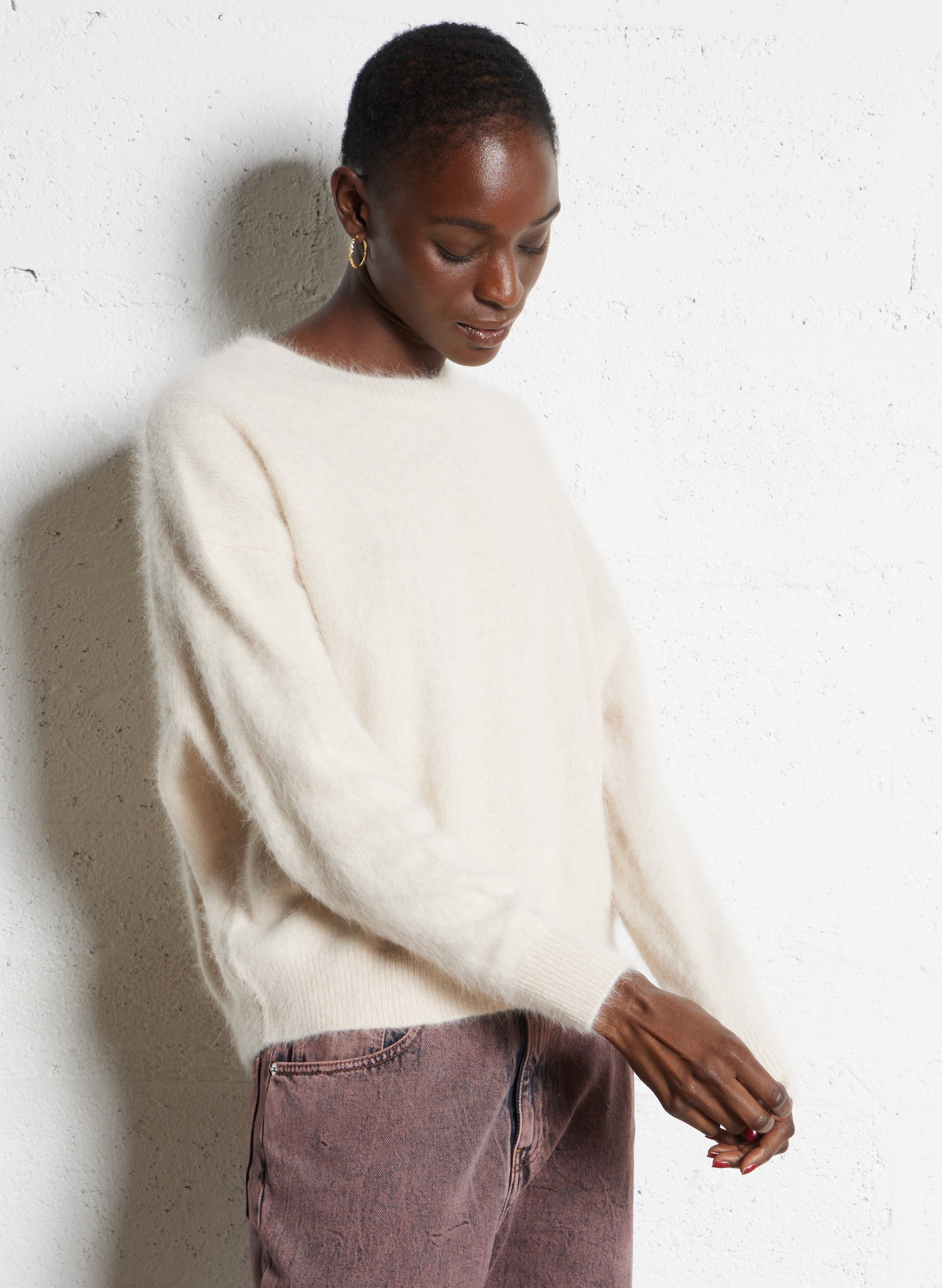 Pull oversize col rond en angora mélangé BELLEROSE Beige