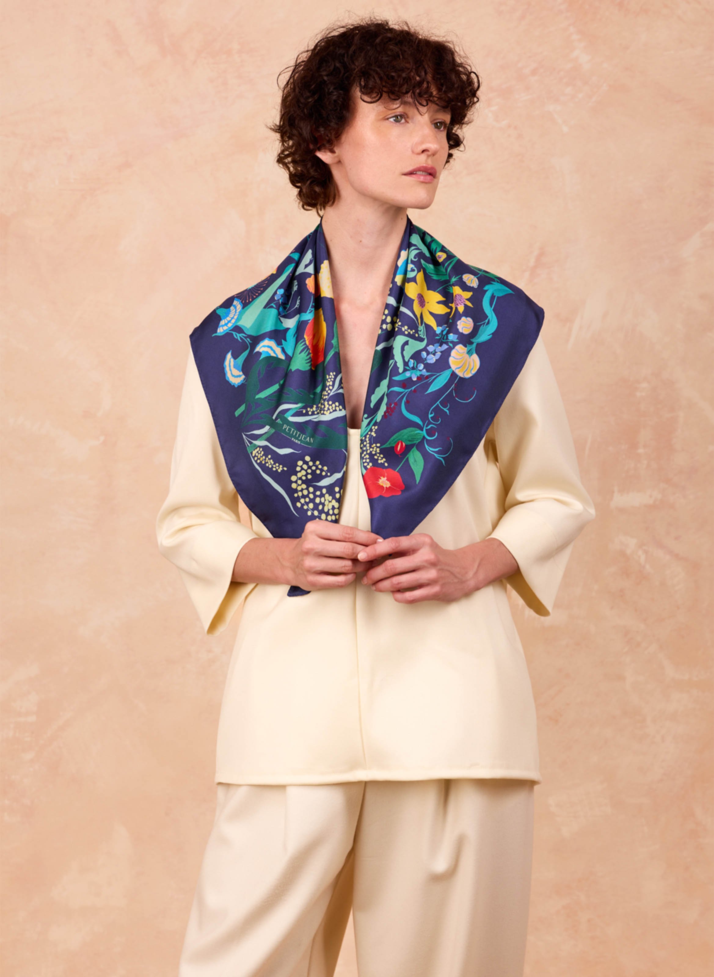 Aclaudie screen-printed silk scarf PETITJEAN PARIS Blue