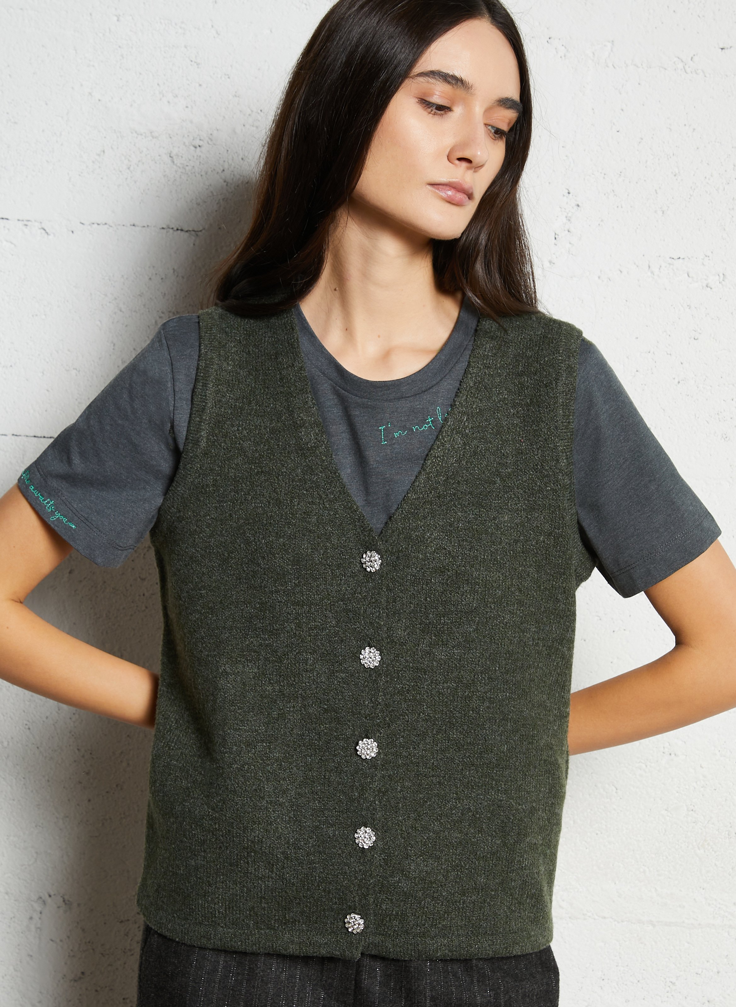 Straight V-neck vest in recycled knit VILA Green