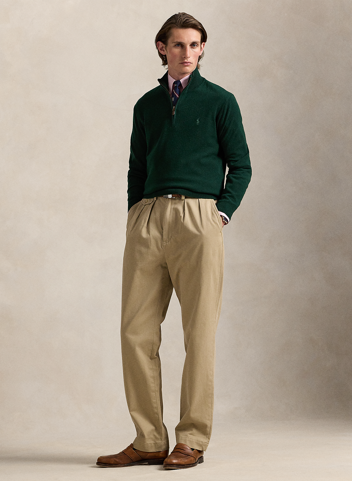 Regular-fit embroidered merino wool high-neck jumper Khaki