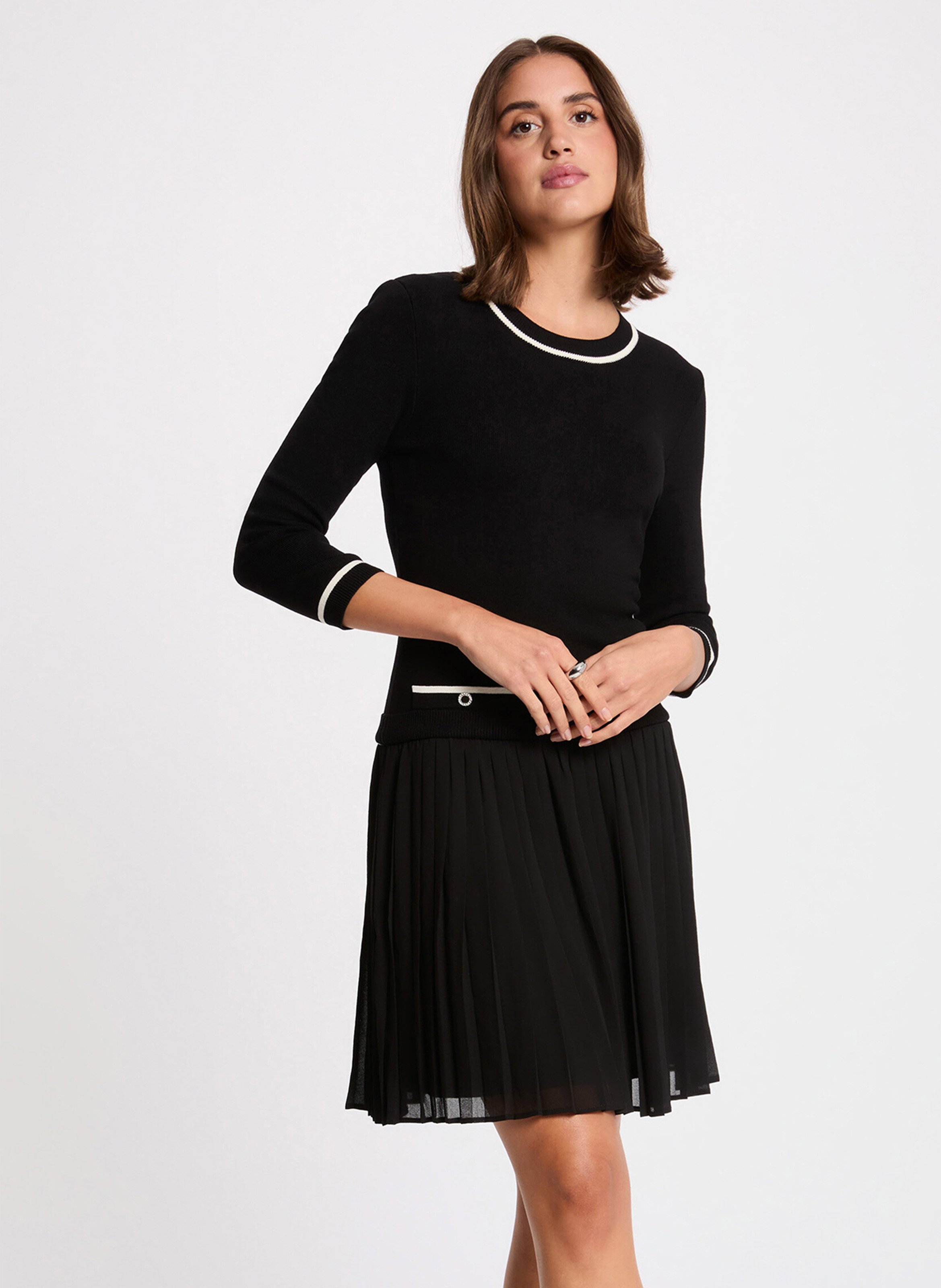 Short pleated straight dress 3/4 sleeves MORGAN Black