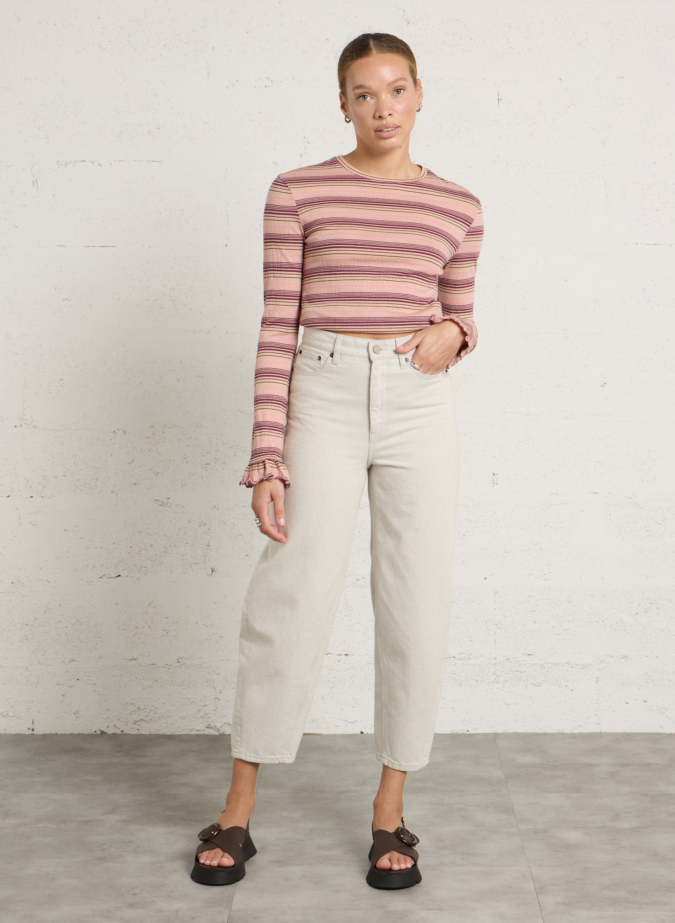 Fitted round neck striped cotton blend t-shirt DES PETITS HAUTS Pink