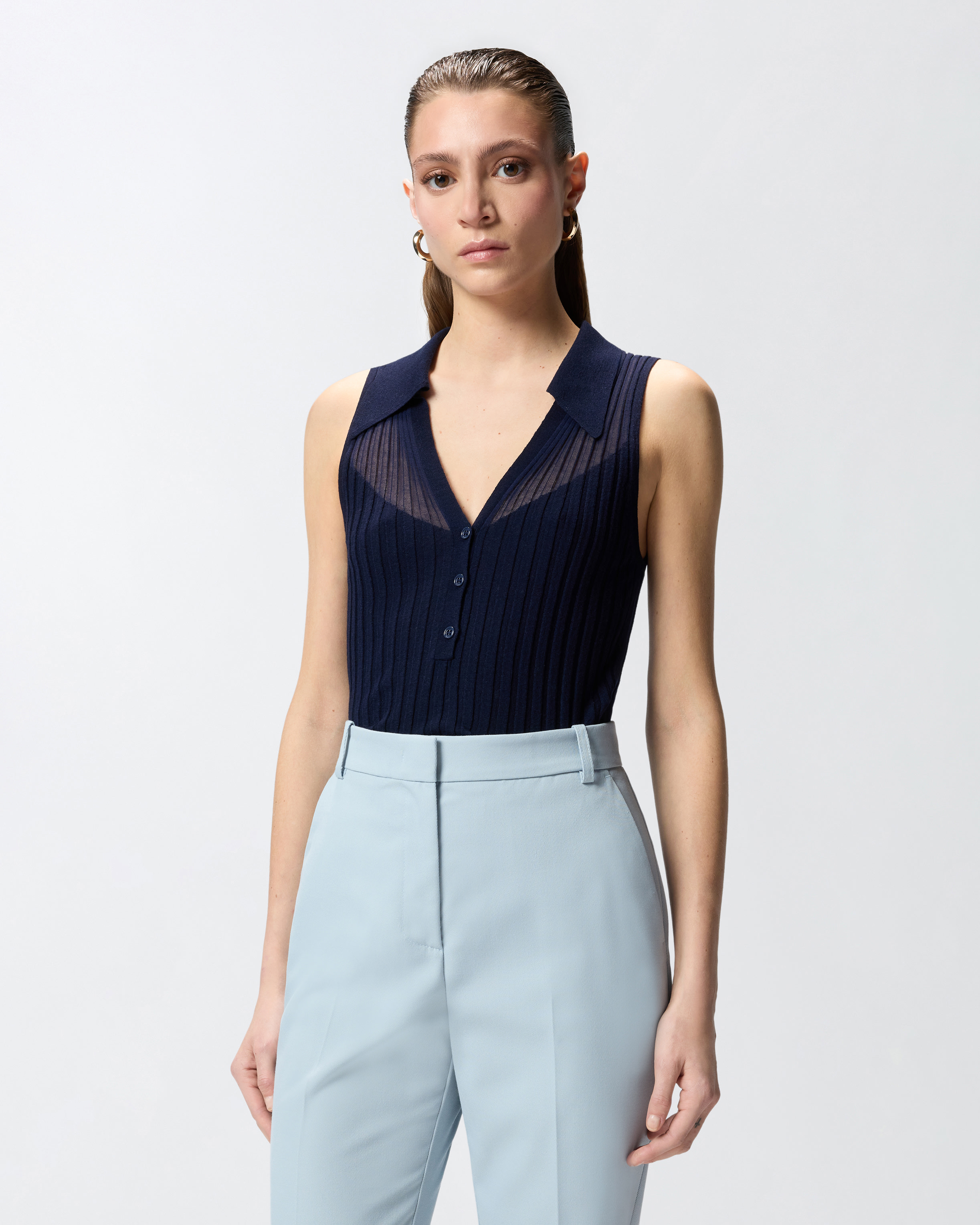 Débardeur style polo en maille côtelée PINKO Bleu