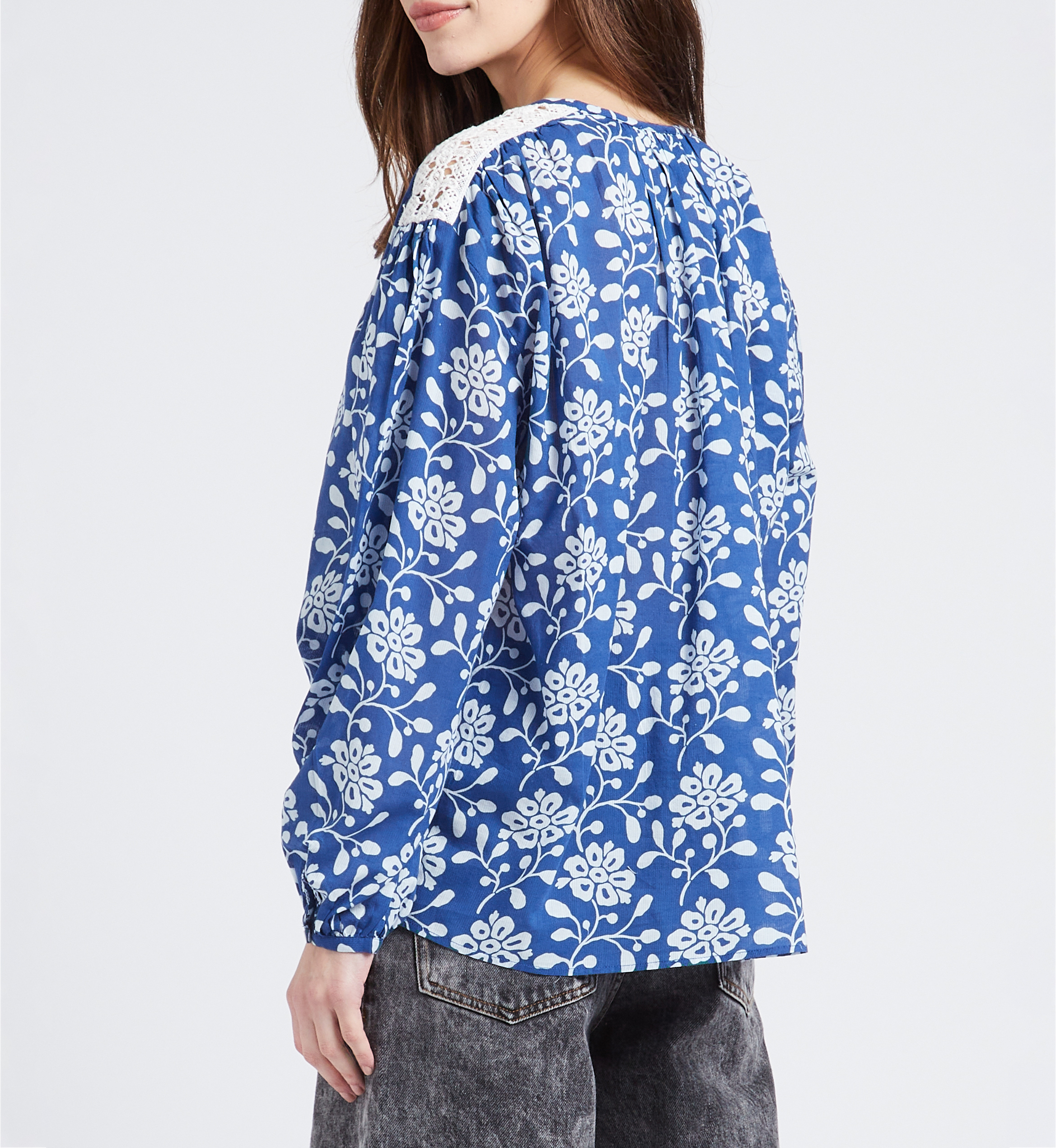 Chemise droite col rond en coton imprimé SWILDENS Bleu