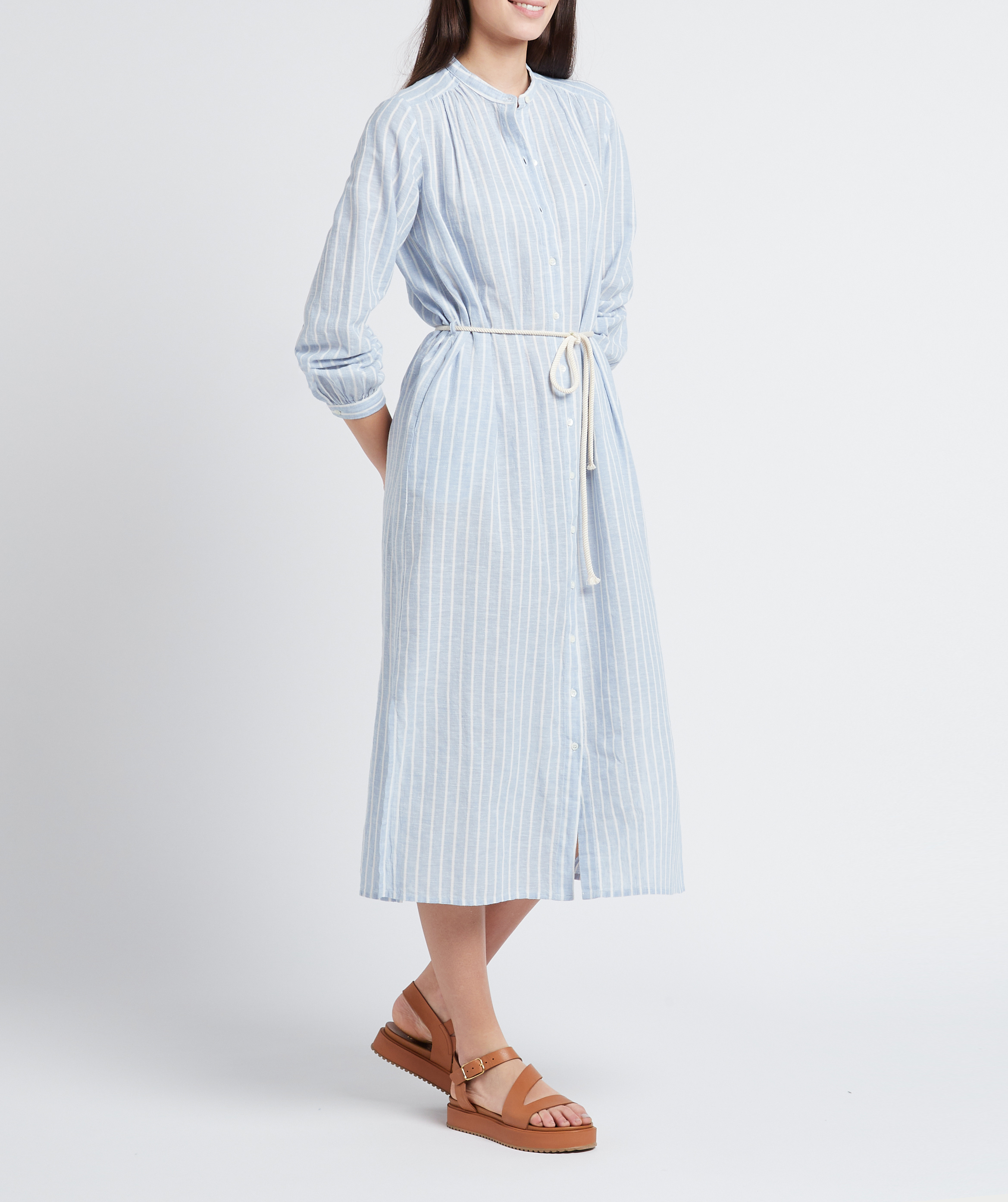 Long buttoned striped cotton and linen dress HARTFORD Blue
