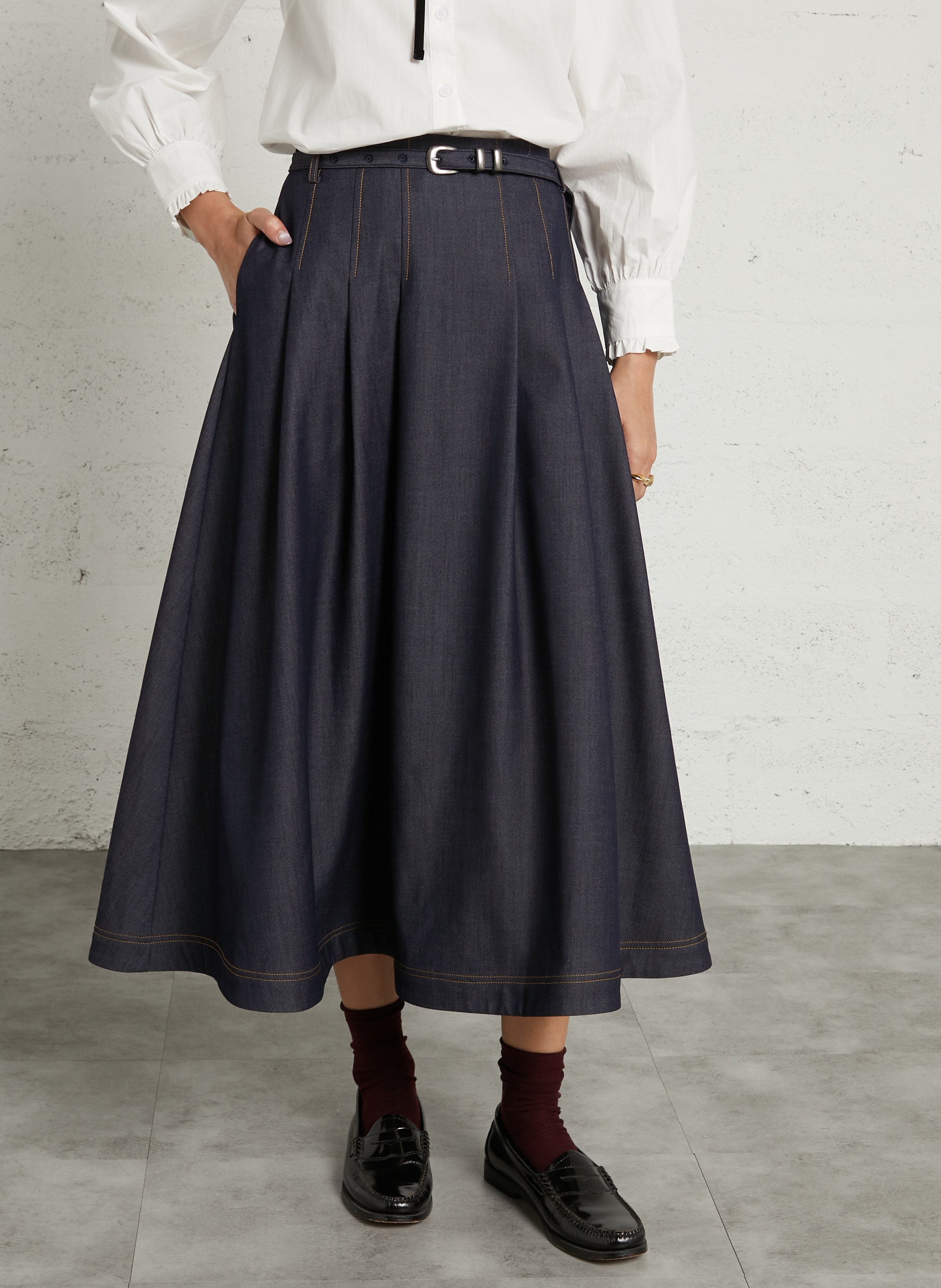 Jupe midi évasée taille haute SUNCOO Jean brut