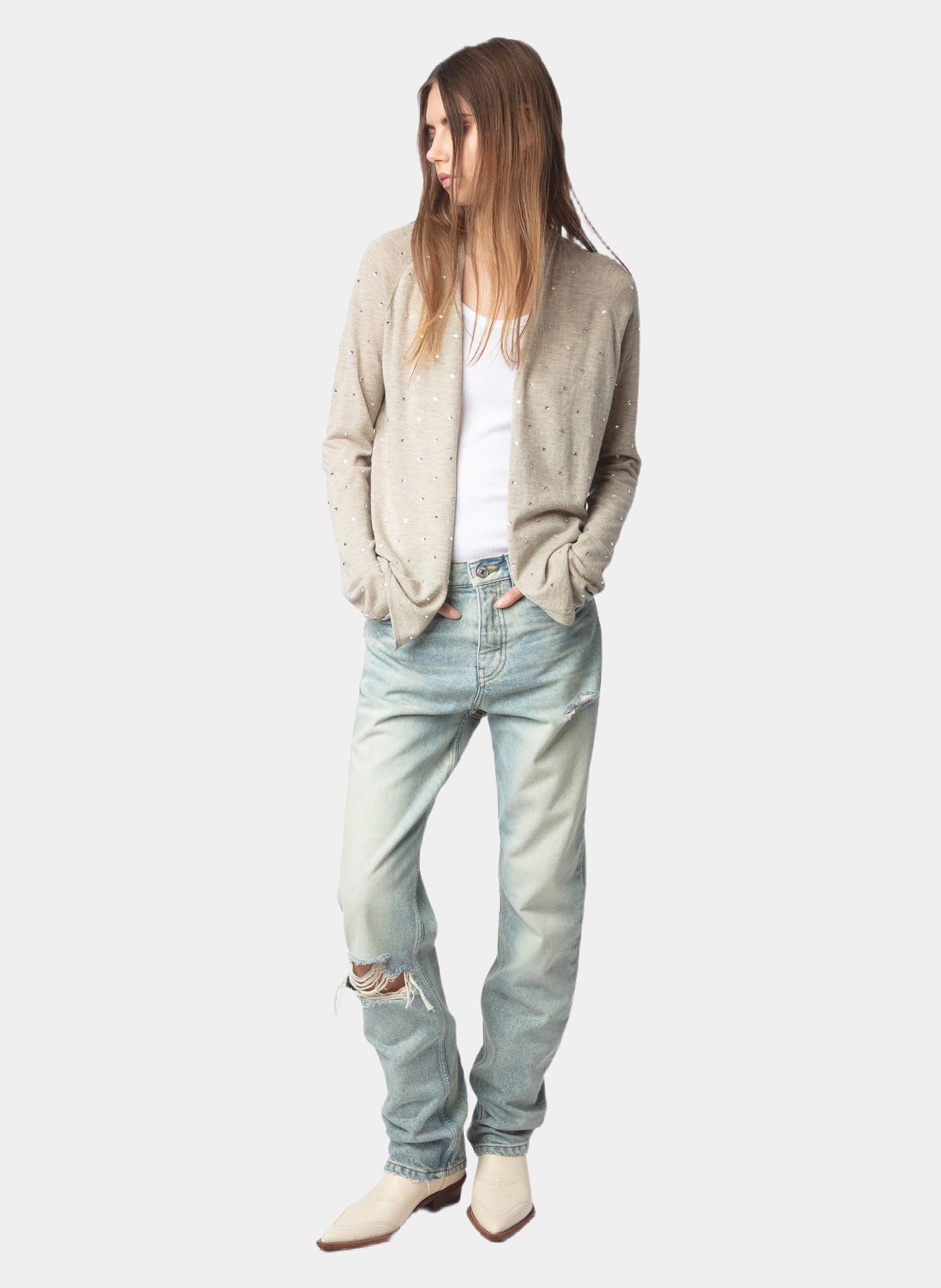 Cardigan à strass en cachemire ZADIG&VOLTAIRE Beige