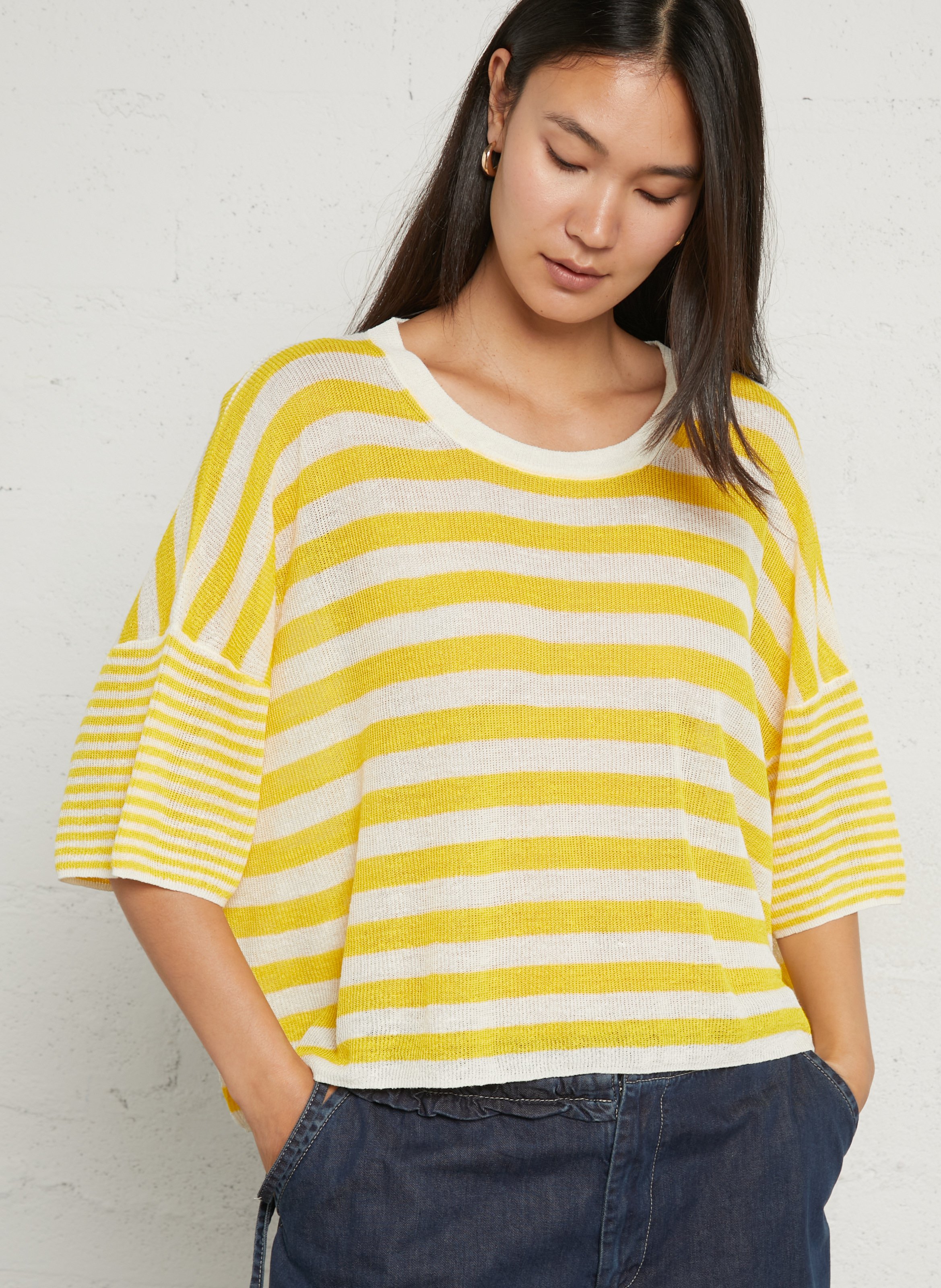 Weites gestreiftes Leinenmischpullover AMERICAN VINTAGE Gelb