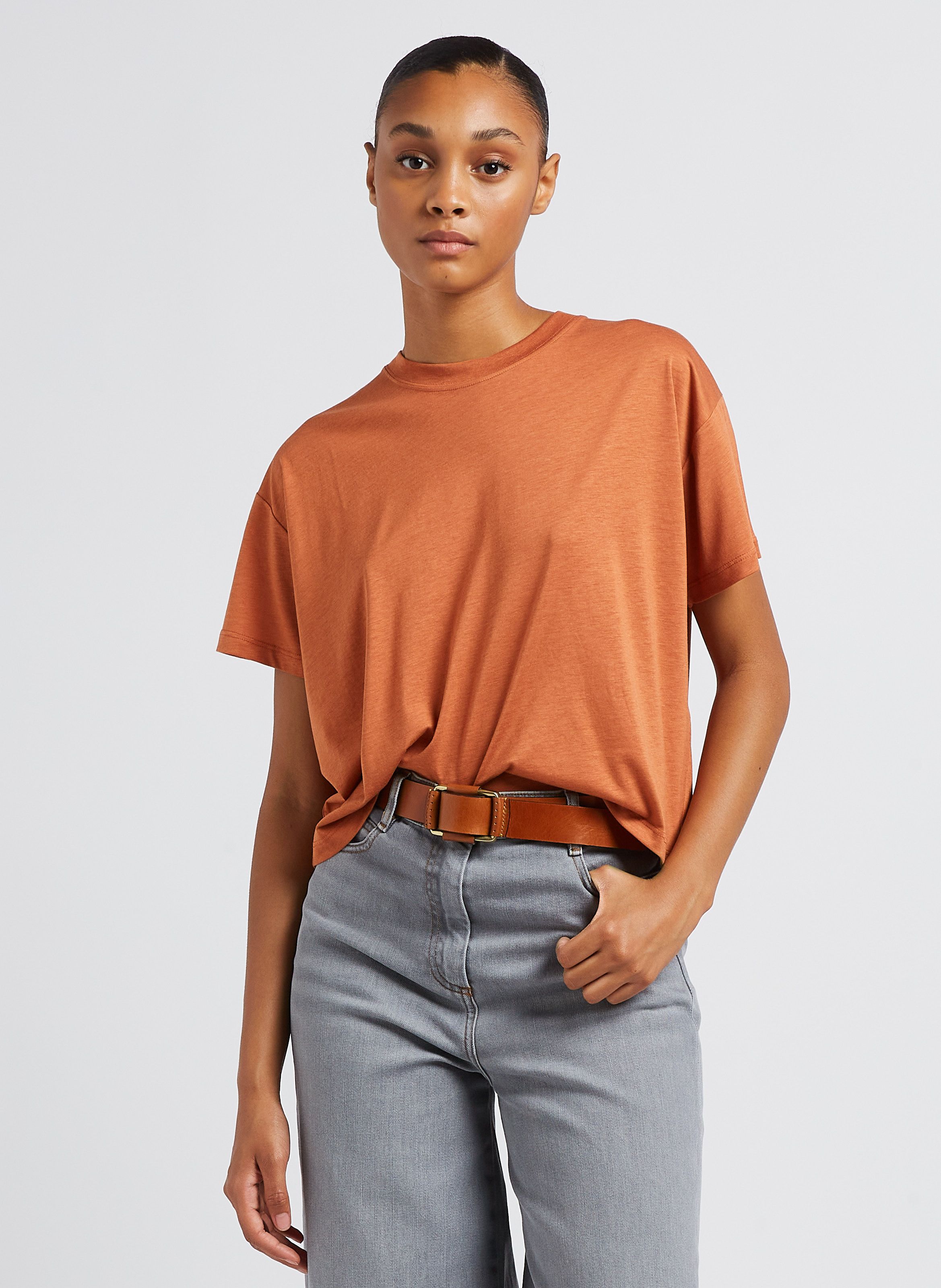 Orange Fluid loose fit round neck T shirt