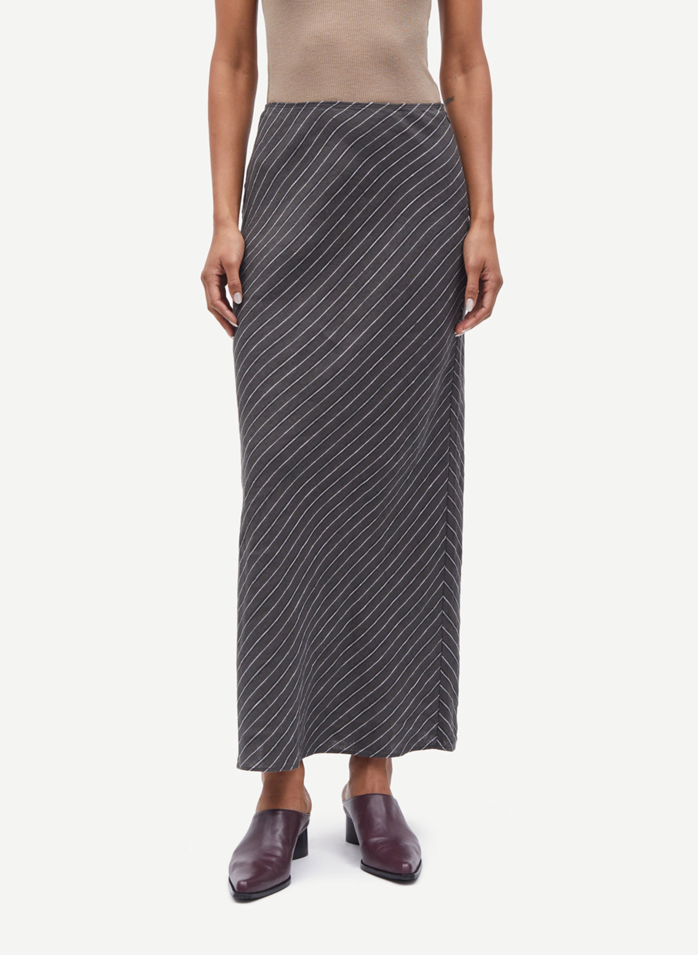 Gestreepte lange linnen rok SAMSOE SAMSOE Kaki