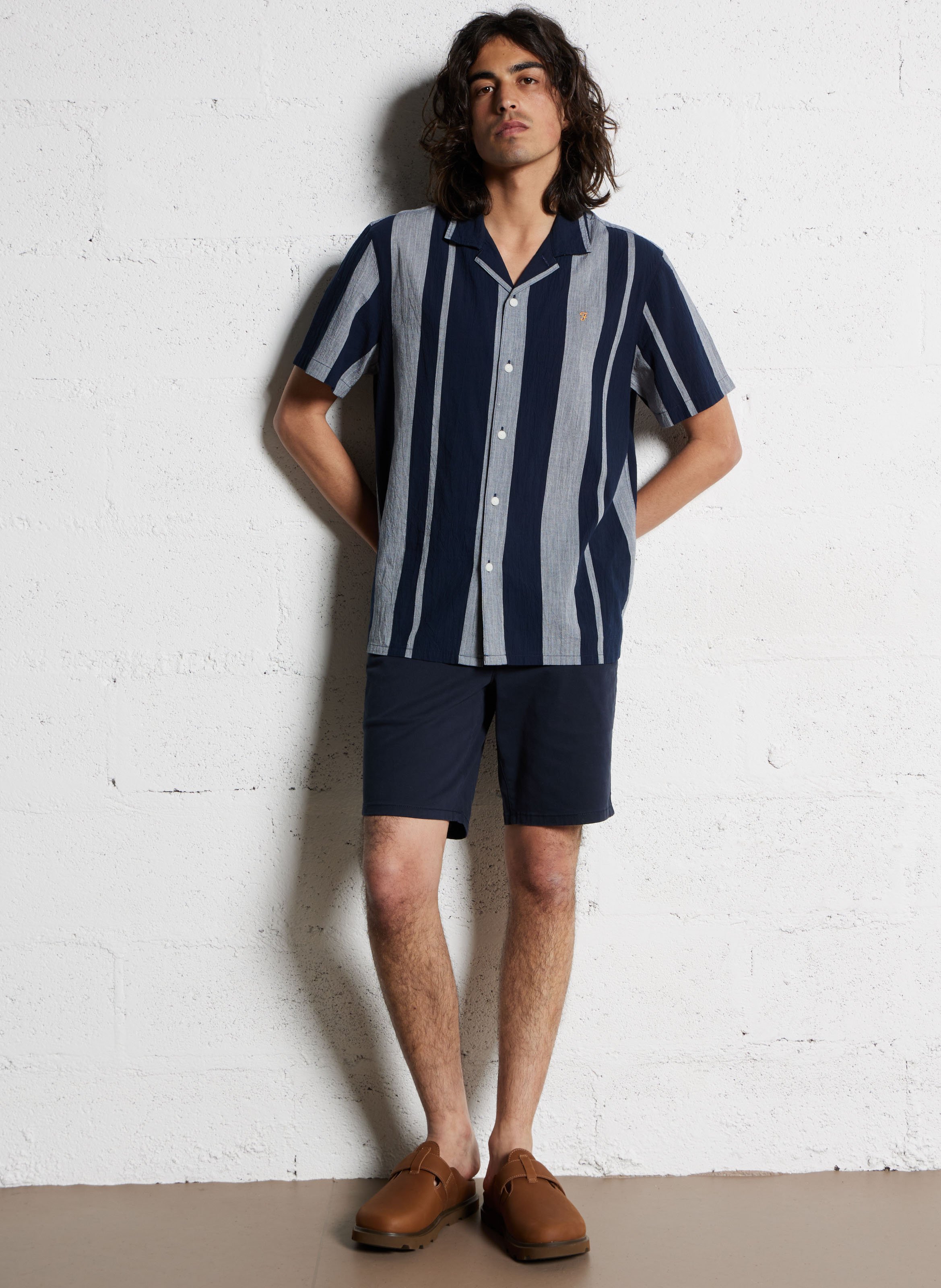 Straight Cuban collar striped cotton shirt FARAH Blue