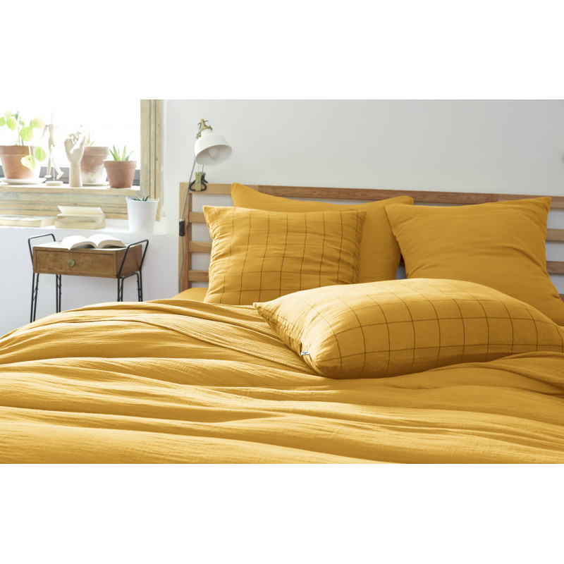 Cotton percale pillow case L'EFFET PAPILLON Yellow