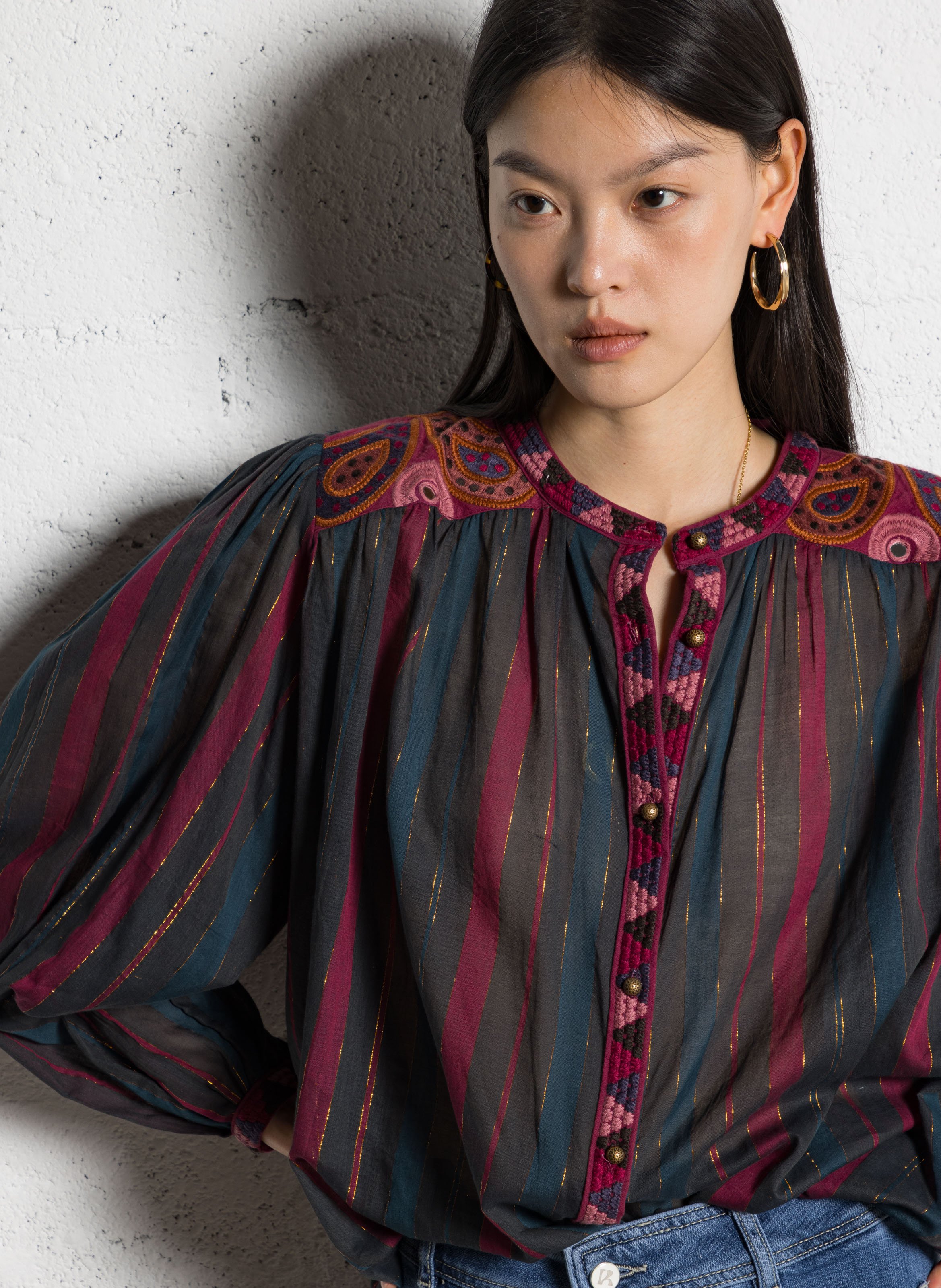 Loose striped blouse with embroidery MAISON HOTEL Red