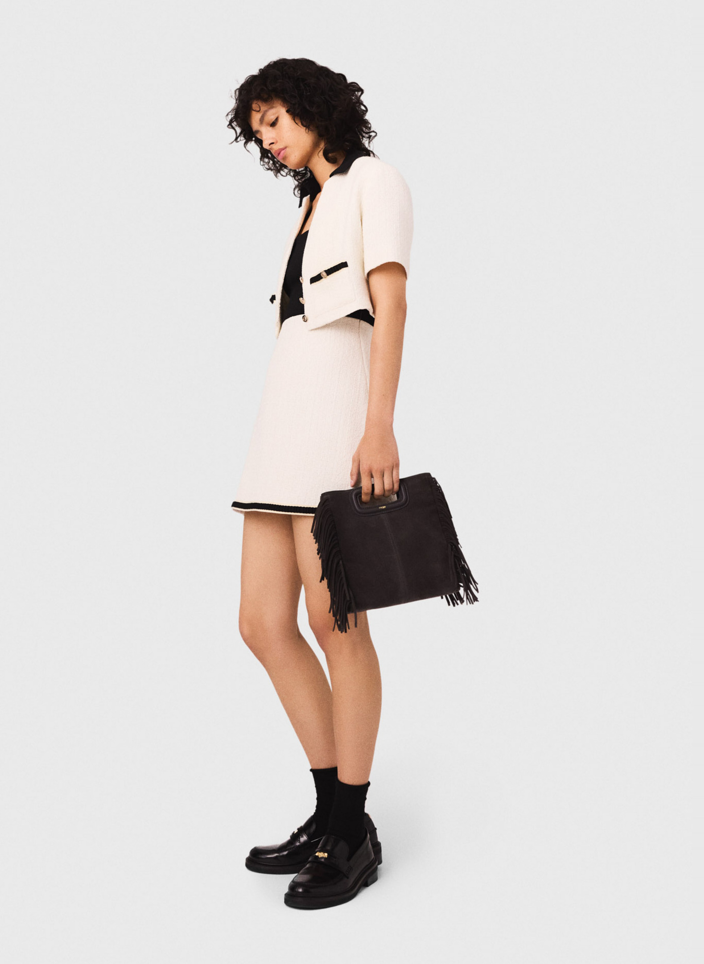 Square-neck cotton-blend short dress MAJE Beige