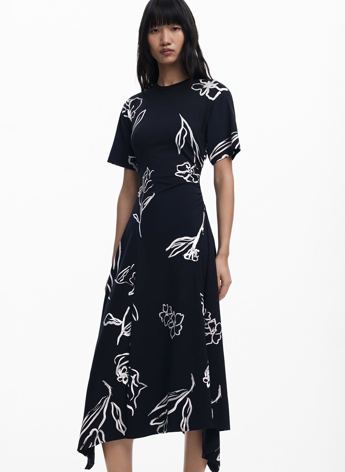 Robe midi col rond en coton mélangé DESIGUAL Noir