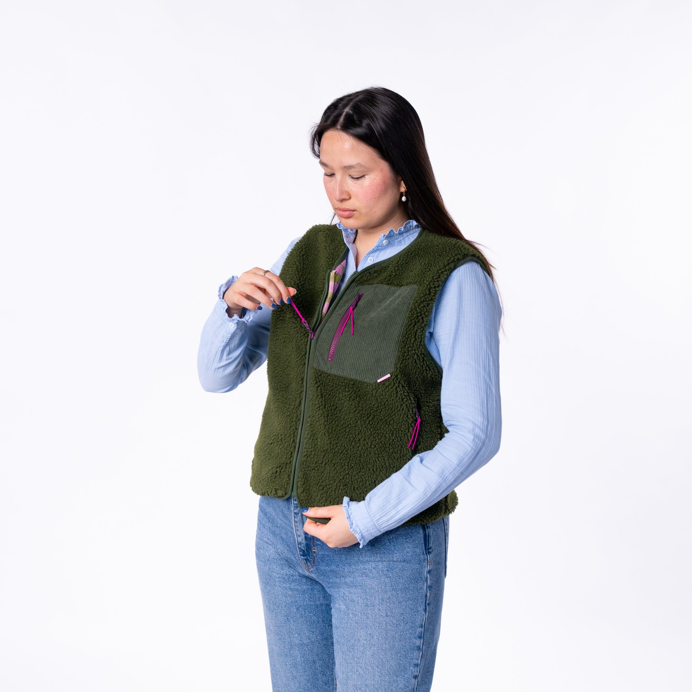 Sleeveless Sherpa Zip-Up Vest Khaki