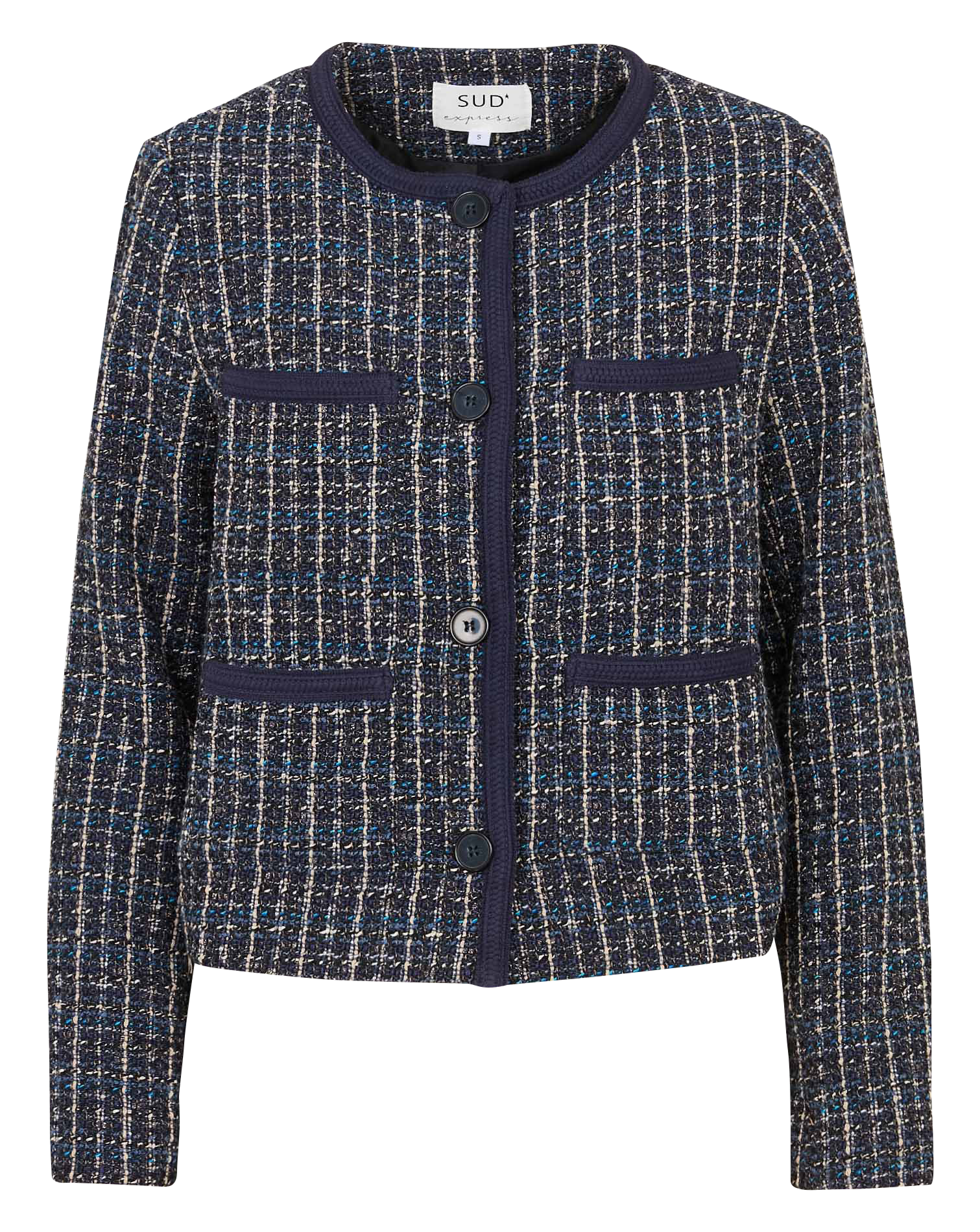 Veste col rond boutonnée en tweed Bleu