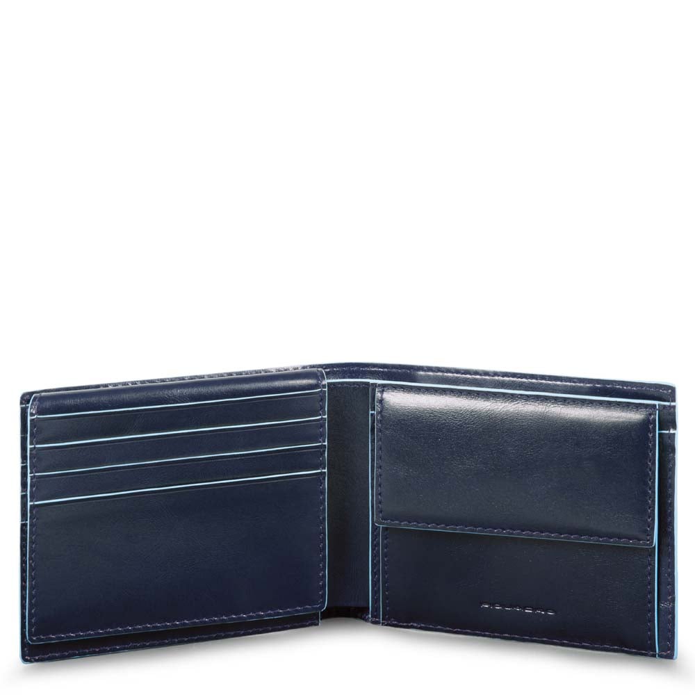 Men's leather wallet with ID card holder, coin pocket, credit card slots, and RFID protection PIQUADRO Blue