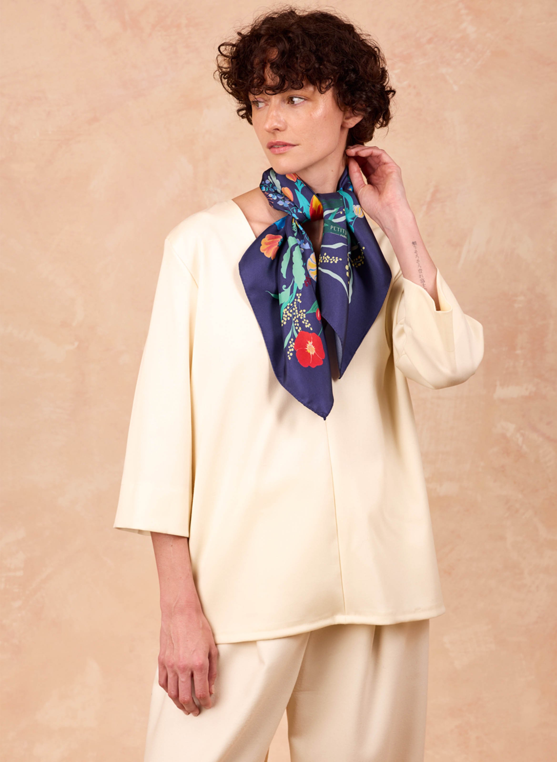 Aclaudie screen-printed silk scarf PETITJEAN PARIS Blue