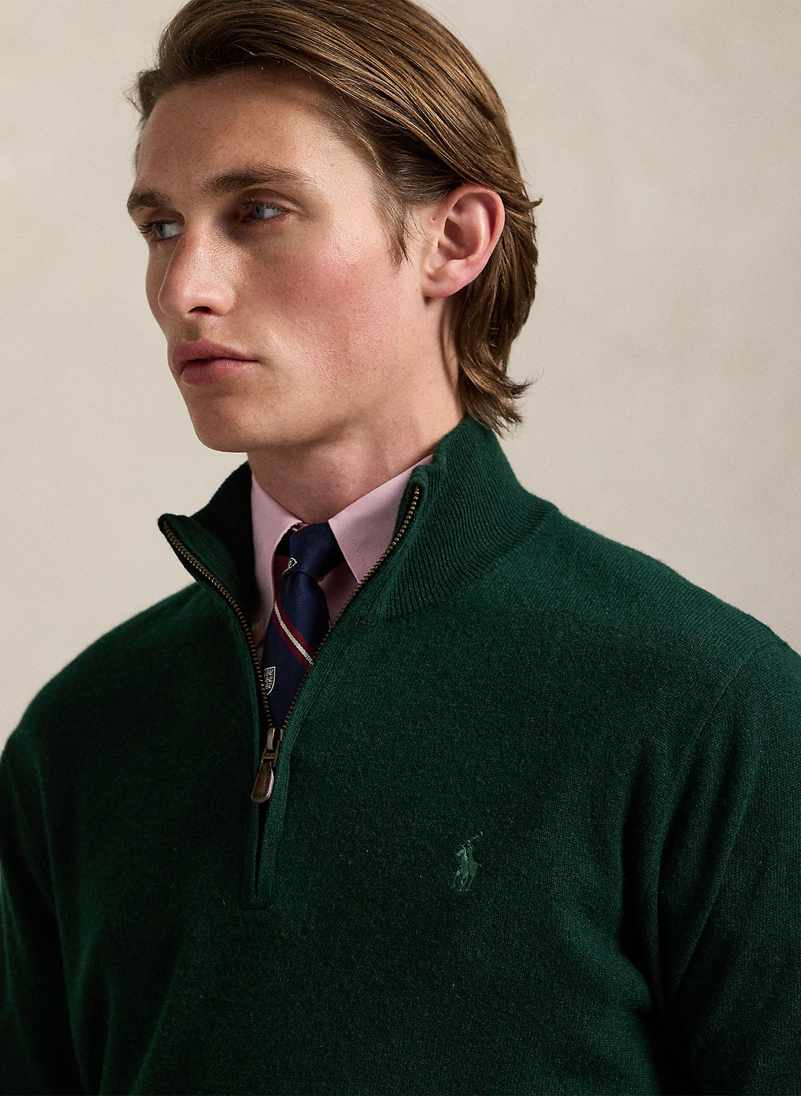 Regular-fit embroidered merino wool high-neck jumper Khaki