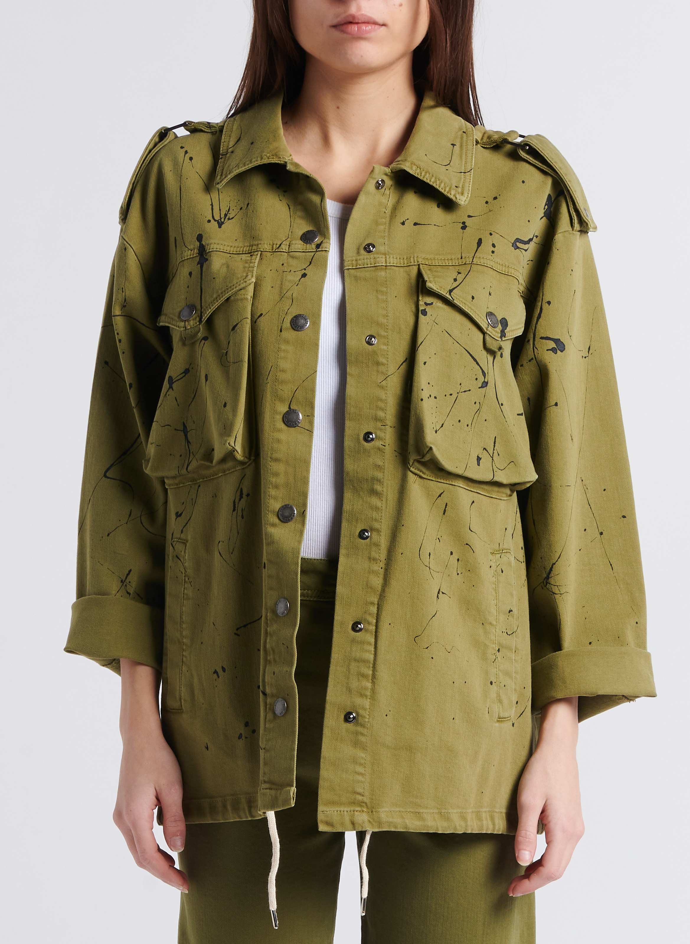 Veste droite col classique à imprimé tâches de peinture PLEASE Kaki