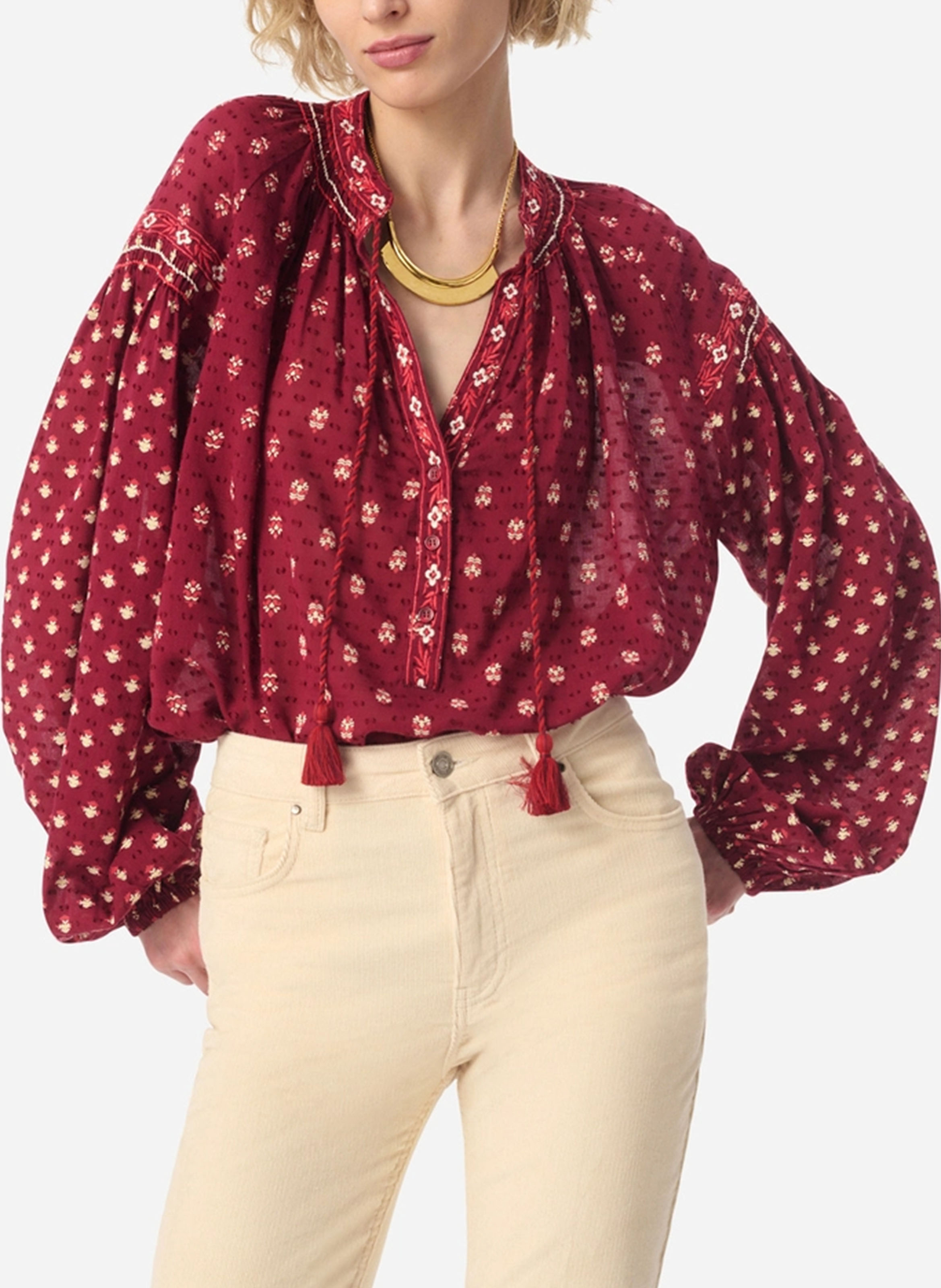 Oversized V-neck printed blouse VANESSA BRUNO Red