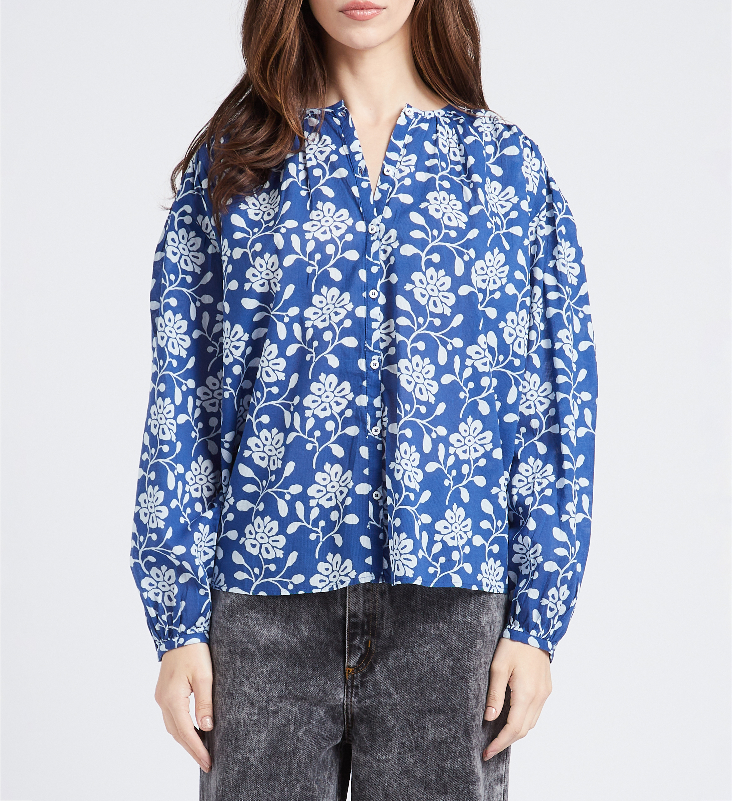 Chemise droite col rond en coton imprimé SWILDENS Bleu
