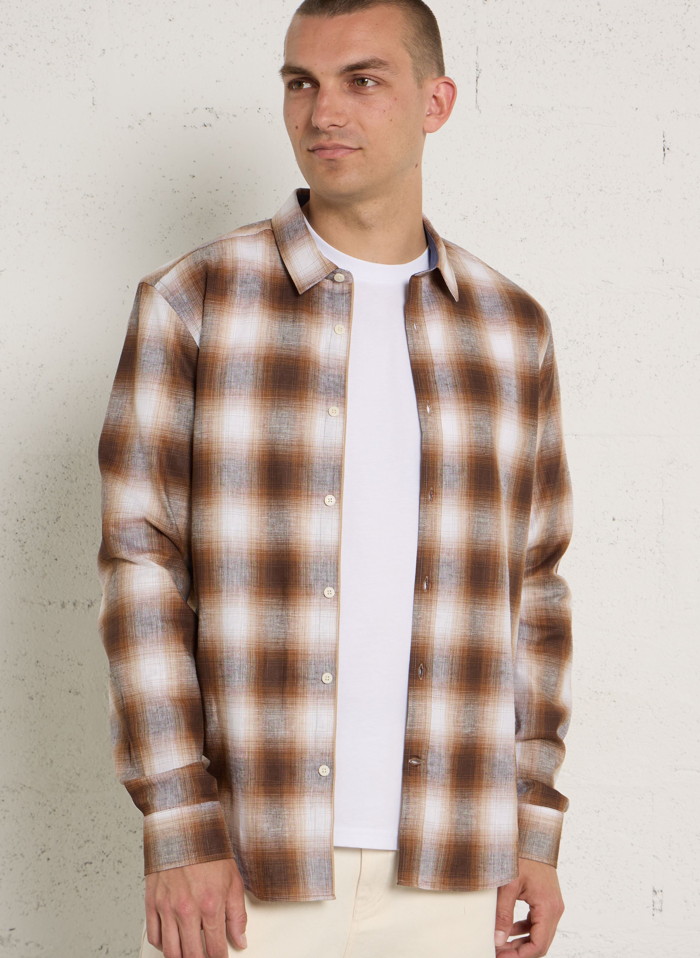 Chemise oversize col classique en coton et lin imprimé CHEVIGNON Marron