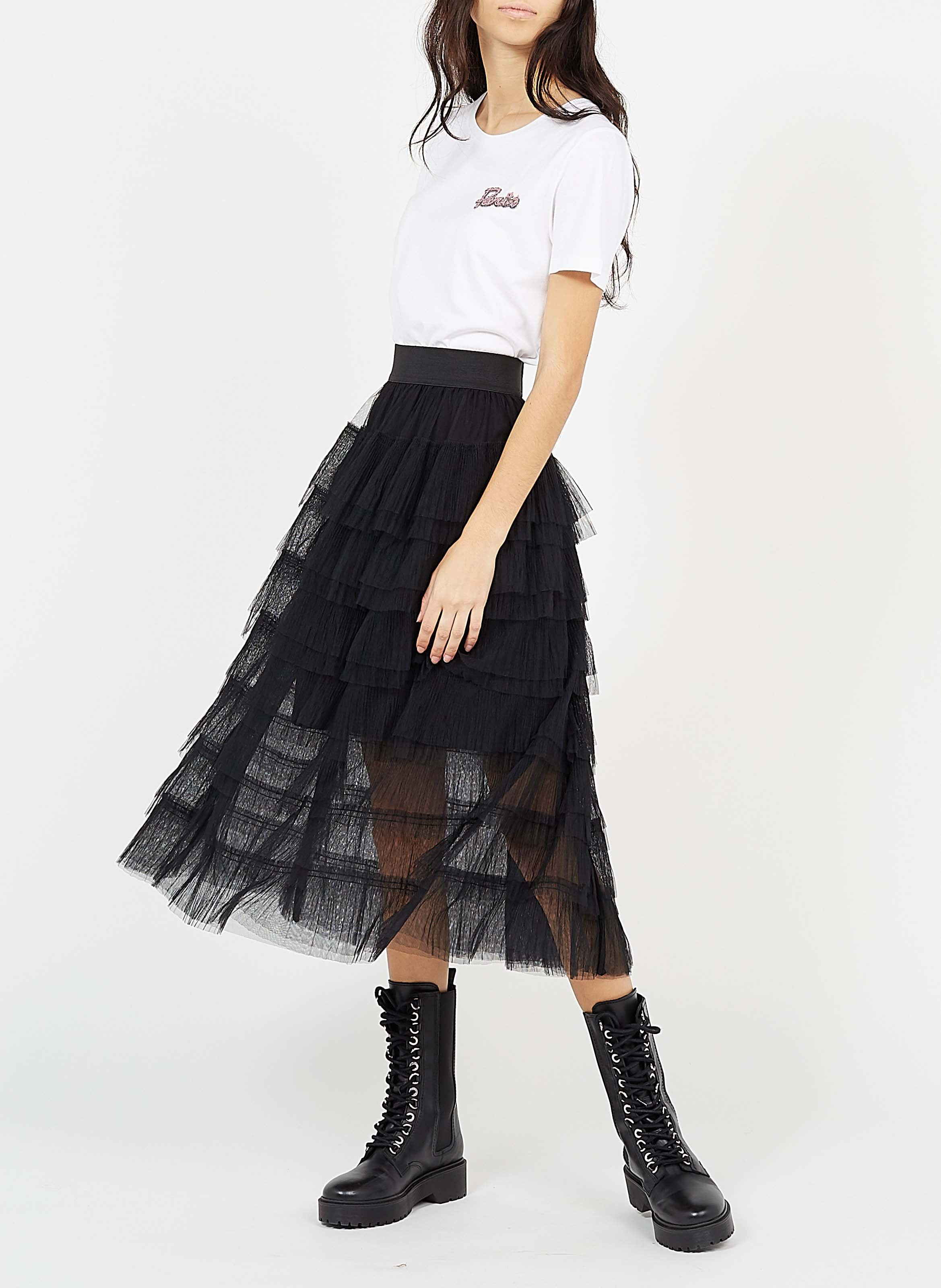 Jupe midi à volants en tulle MAJE Noir
