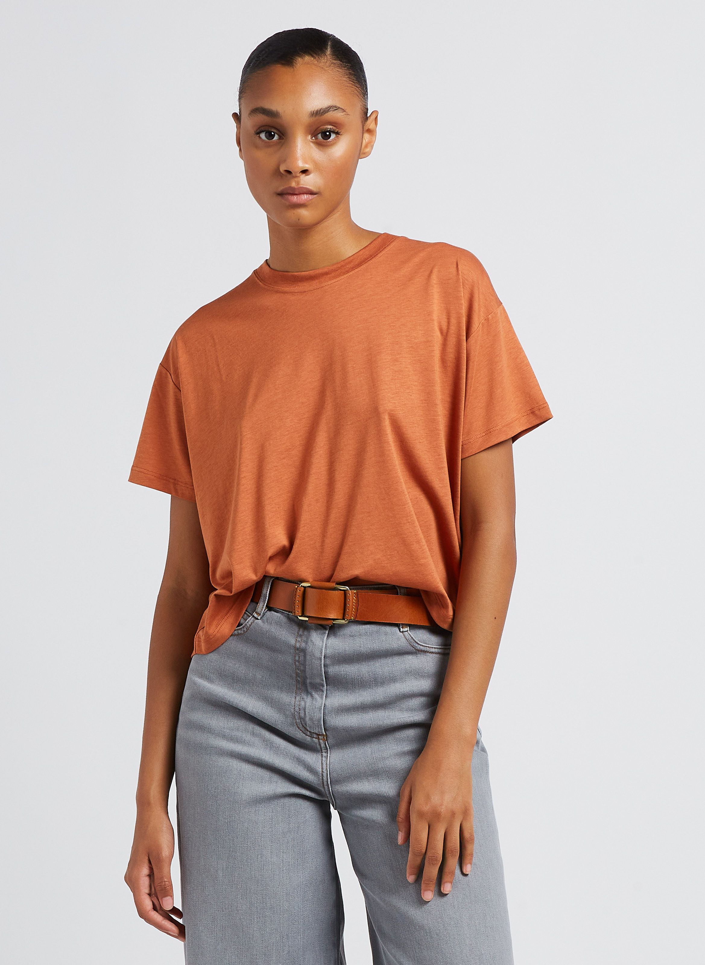 Orange Fluid loose fit round neck T shirt