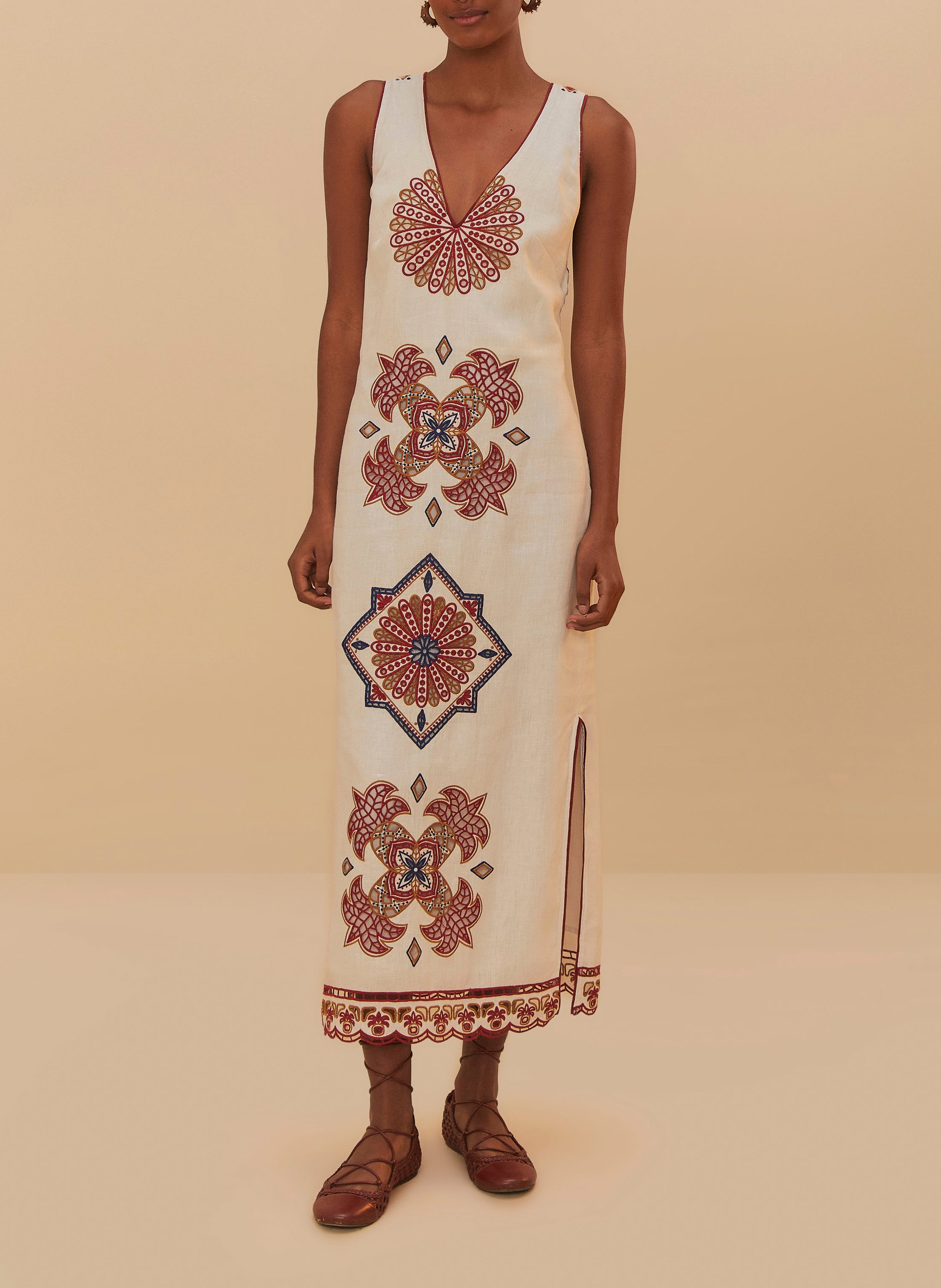 Robe longue en lin brodé FARM RIO Blanc