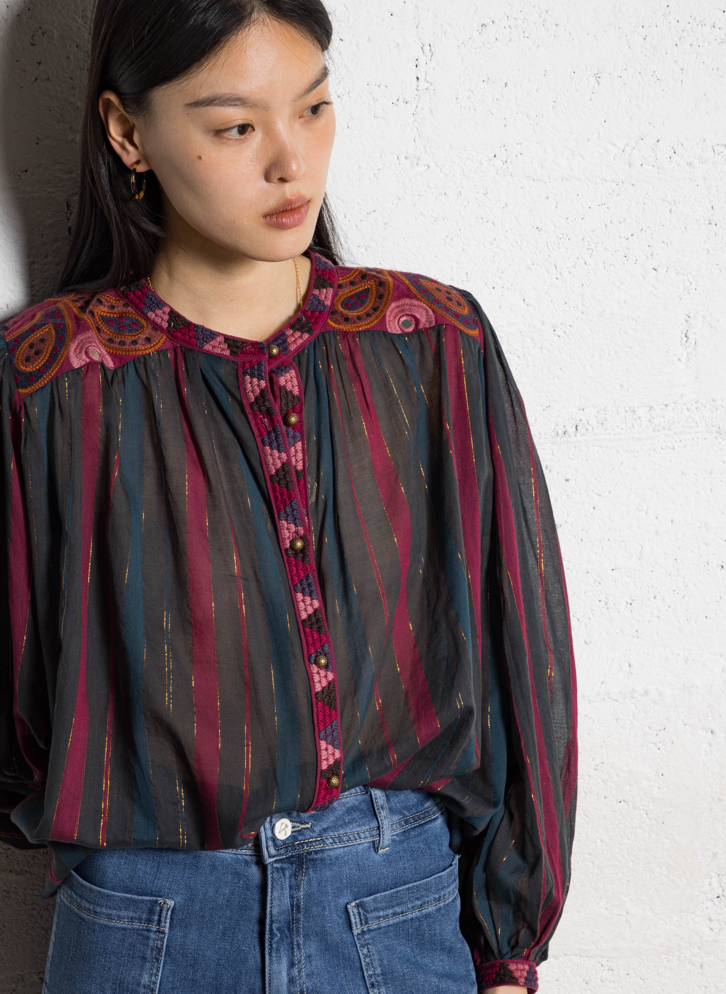 Loose striped blouse with embroidery MAISON HOTEL Red