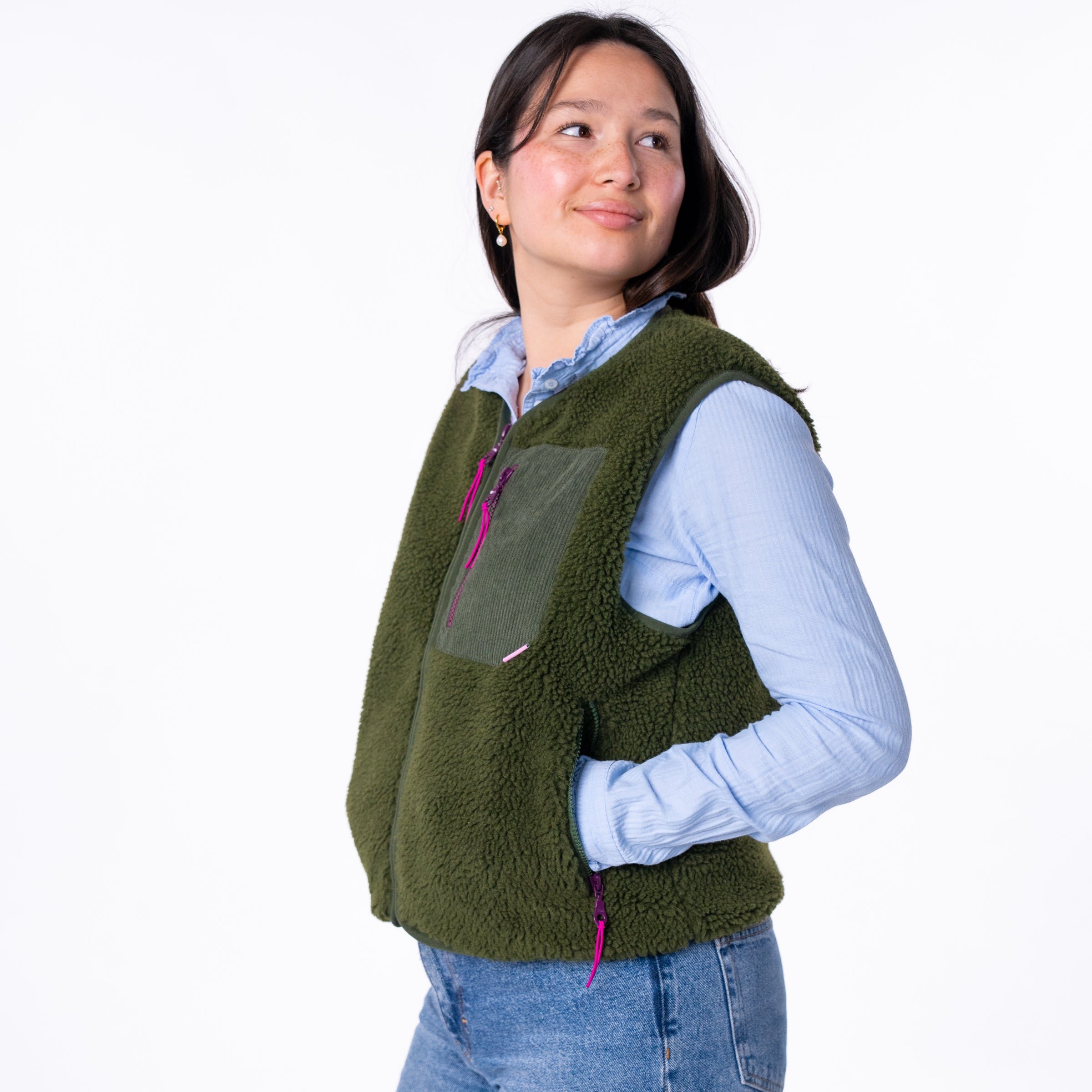 Sleeveless Sherpa Zip-Up Vest Khaki