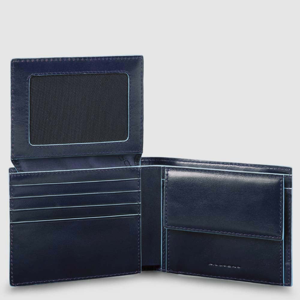 Men's leather wallet with ID card holder, coin pocket, credit card slots, and RFID protection PIQUADRO Blue