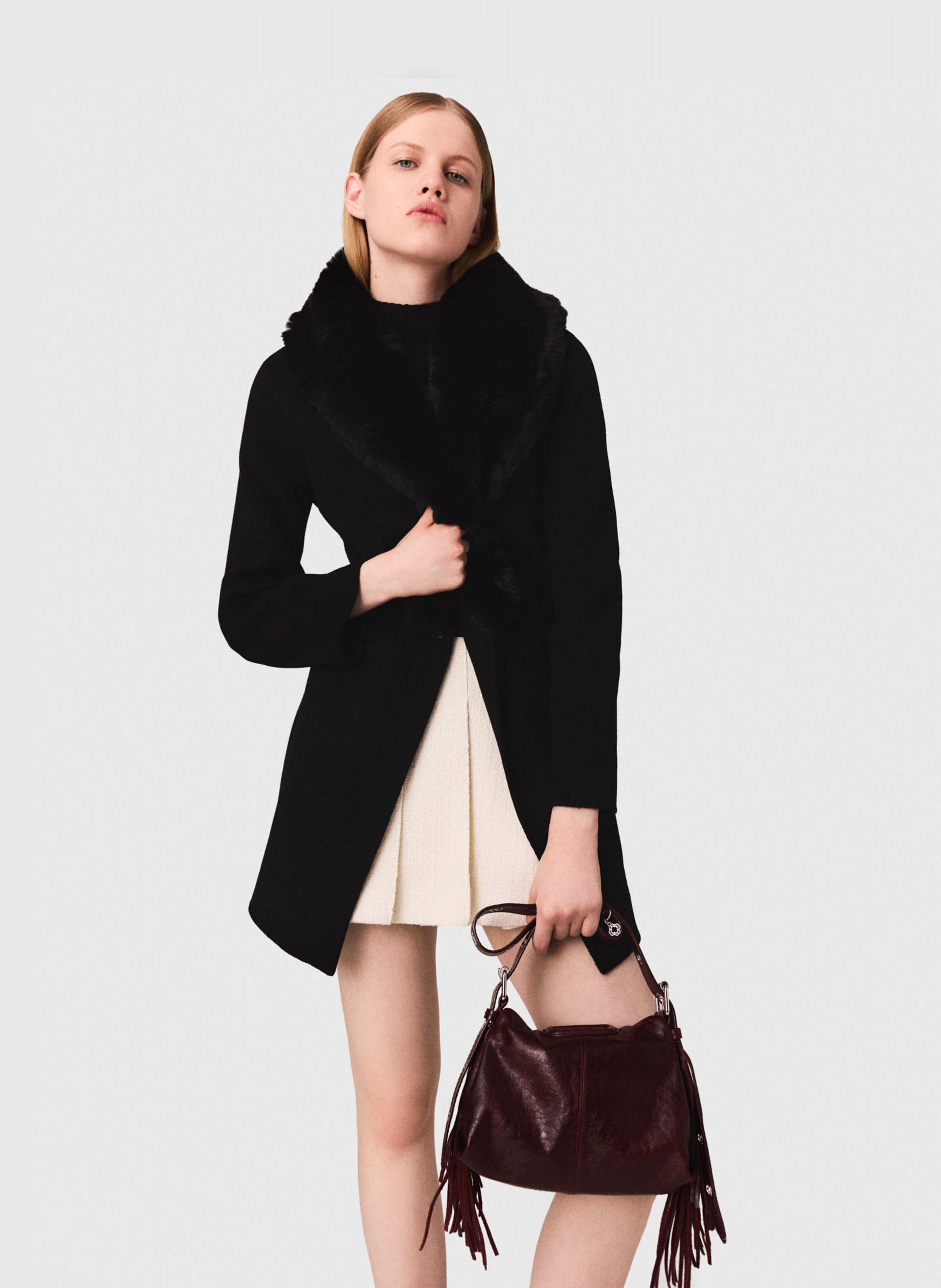 Manteau col effet fourrure en laine mélangée MAJE Noir