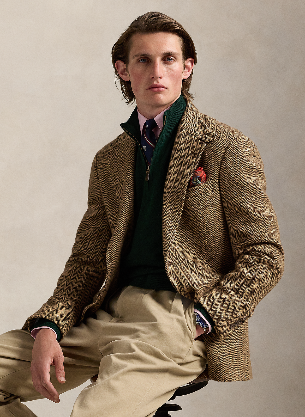 Regular-fit embroidered merino wool high-neck jumper Khaki