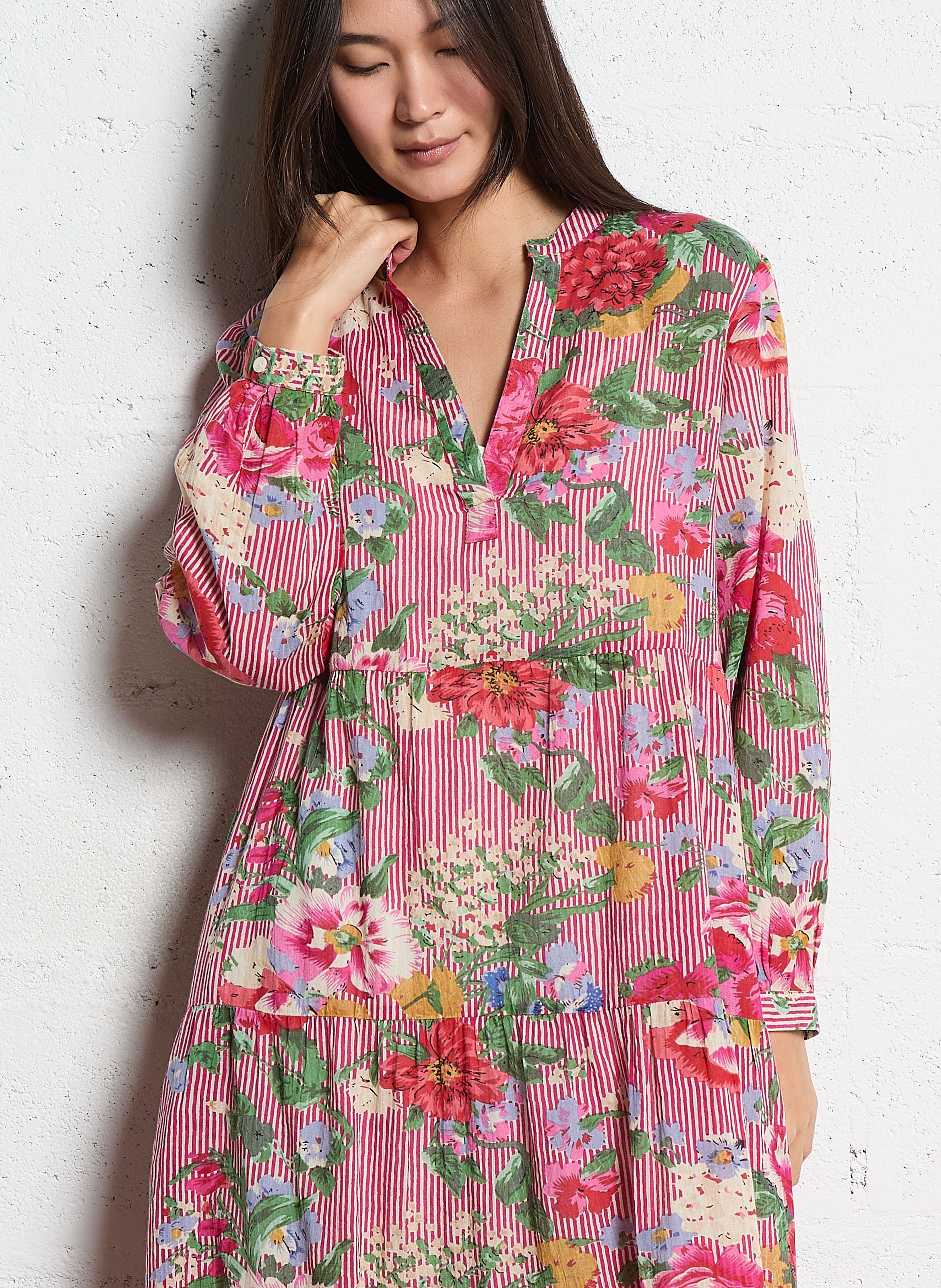 Maxikleid aus Baumwolle mit Henley-Ausschnitt und Print MAISON HOTEL Rot