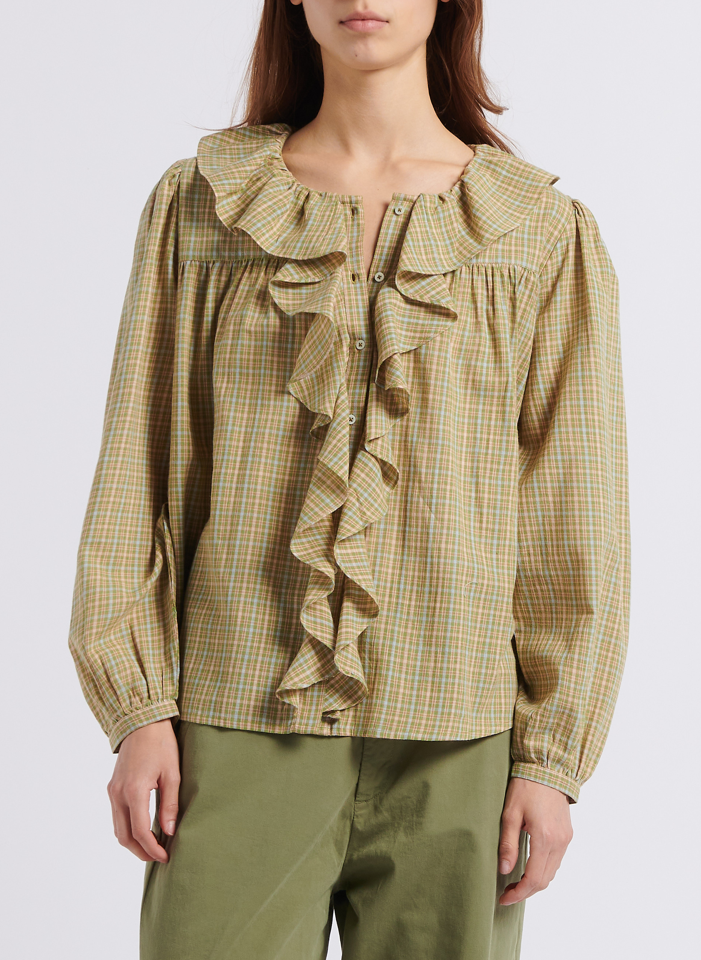 Geruite, katoenen top met ronde hals BELLEPIECE Groen