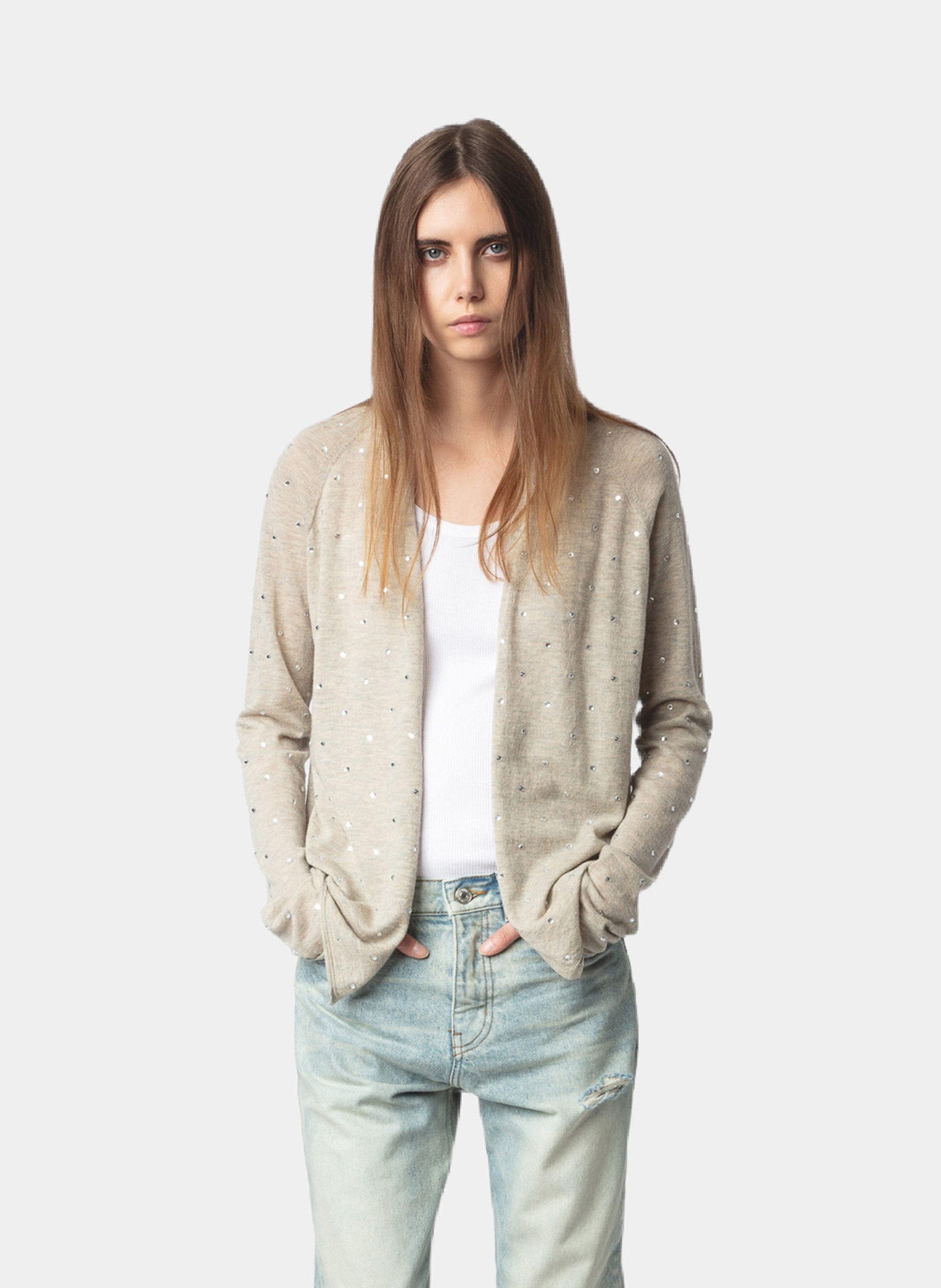 Cardigan à strass en cachemire ZADIG&VOLTAIRE Beige