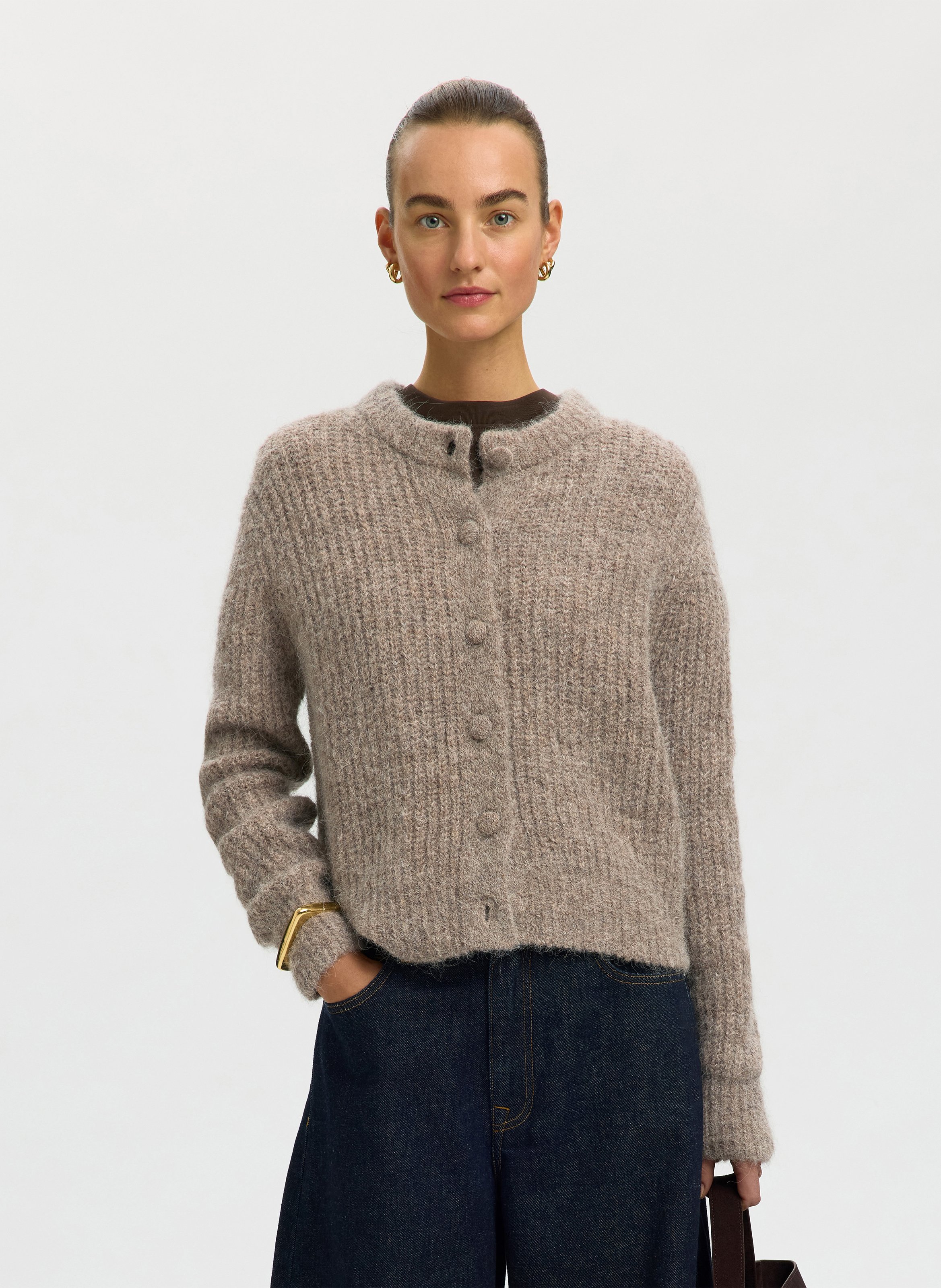 Gilet droit col rond en laine mélangée SELECTED Gris