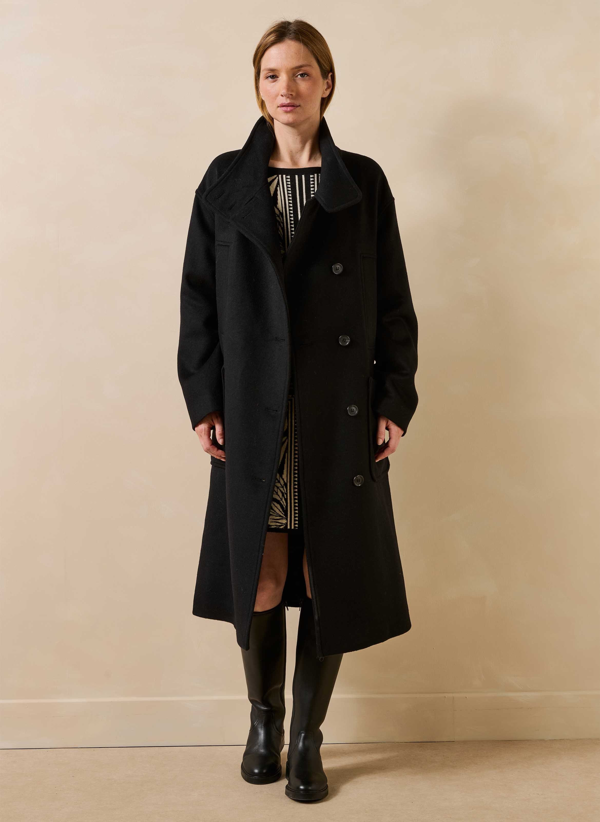 Manteau droit en laine recyclée mélangée LA FEE MARABOUTEE Noir