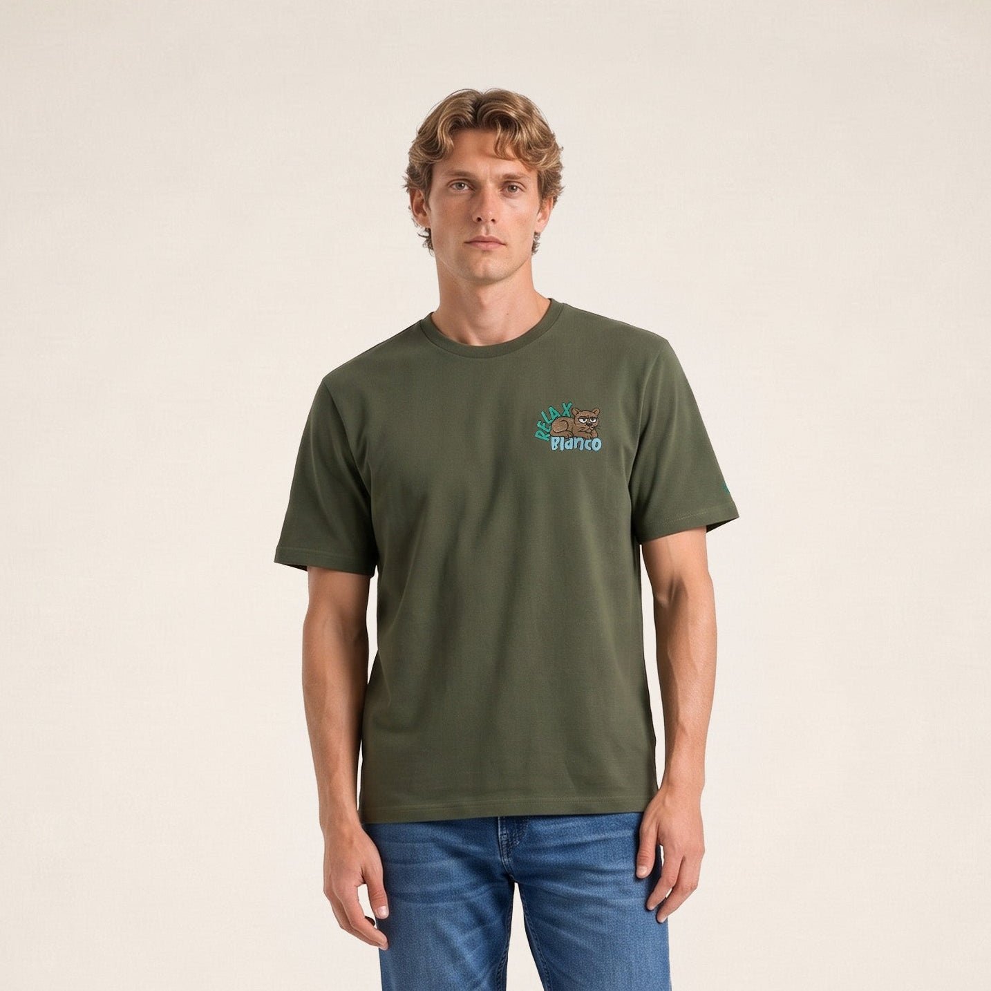 Short-sleeve round neck t-shirt with embroidered Thor design in thyme green SERGE BLANCO Green