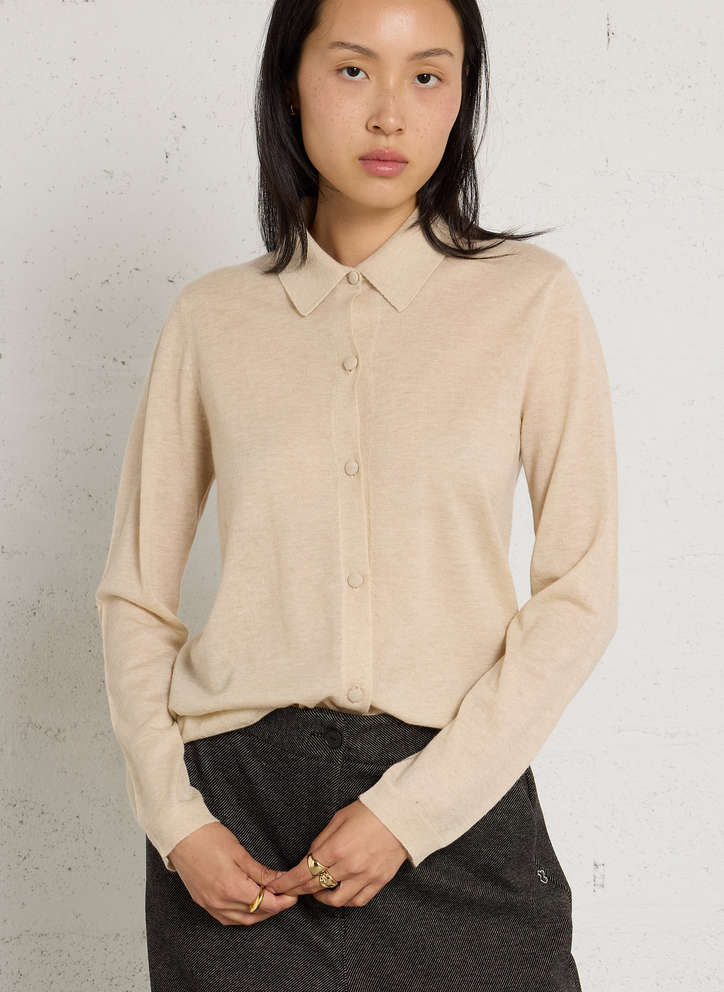 Recht vest met lange mouwen van kasjmier MAJESTIC FILATURES Beige