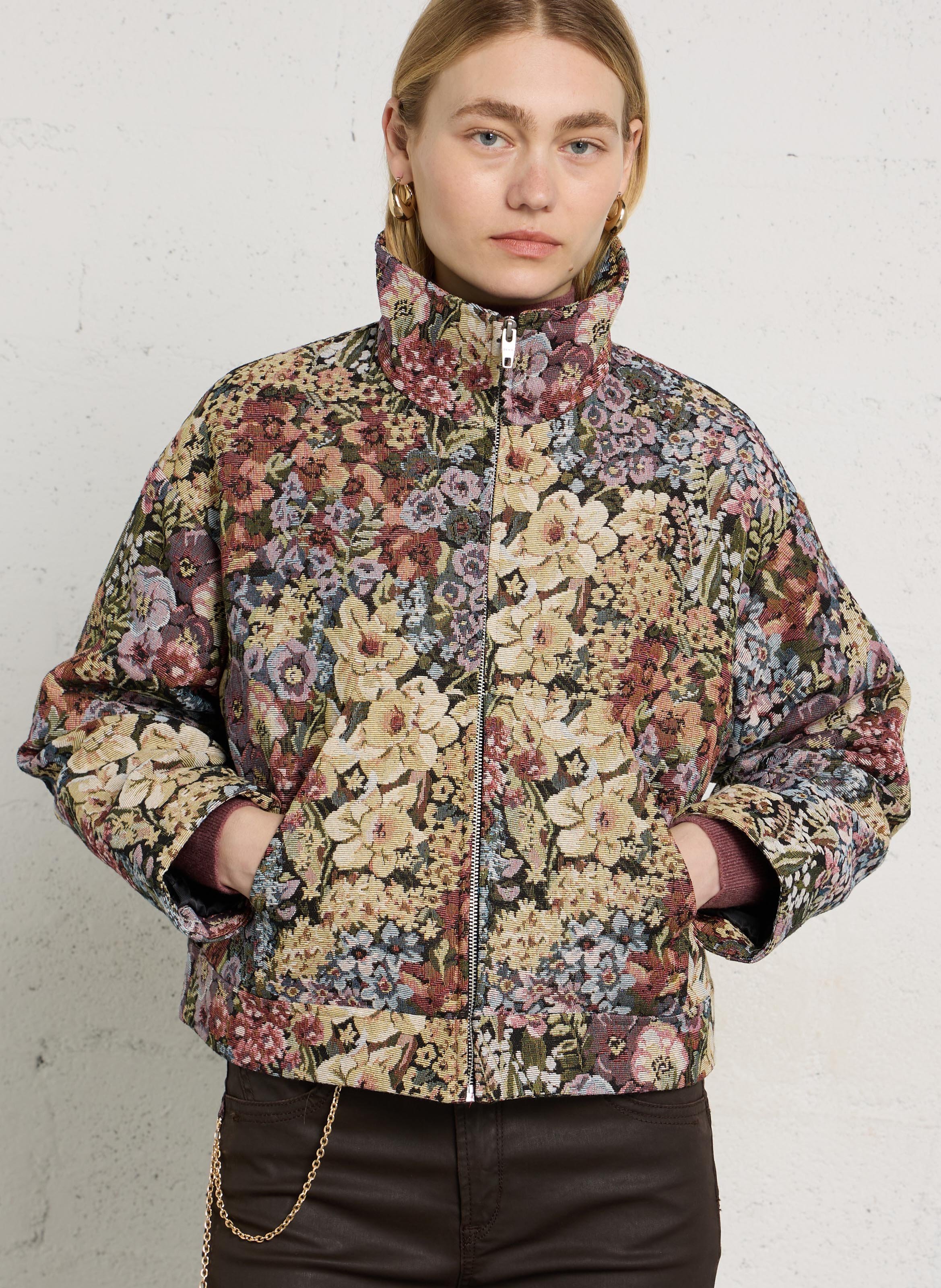 Veste droite col montant à imprimé fleuri IKKS Kaki